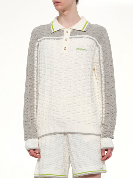 Tennis Boucle Long Sleeve Polo Shirt in White