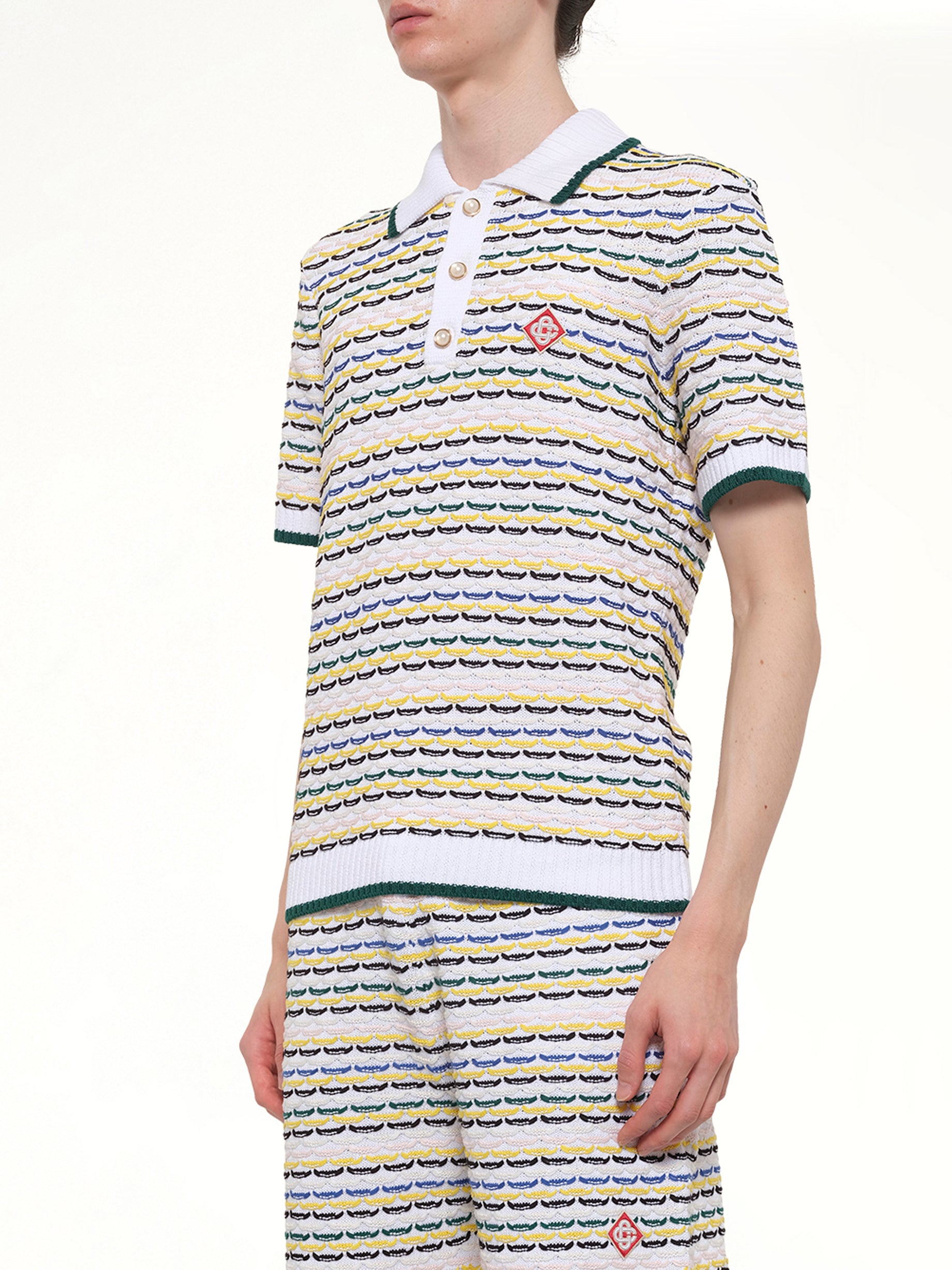 CASABLANCA Tuck Stitch Polo Shirt in White Side View from MARAIS