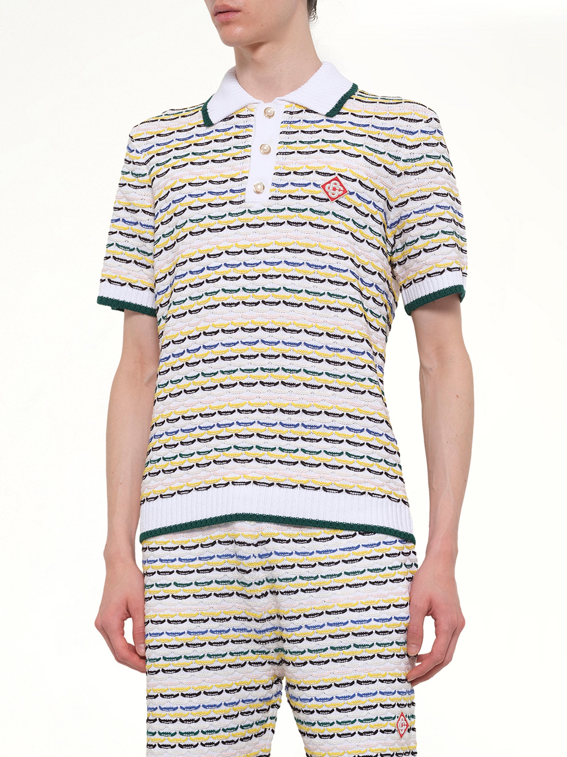 CASABLANCA Tuck Stitch Polo Shirt in White Detail Shot from MARAIS