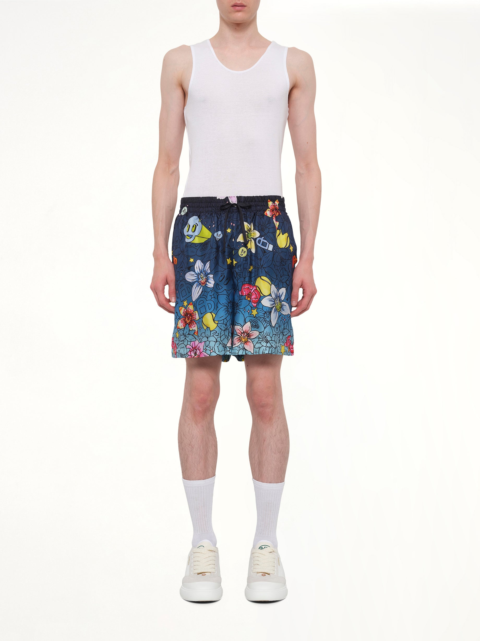 CASABLANCA Collage D’Icones Silk Shorts in Multicolour Model View from MARAIS