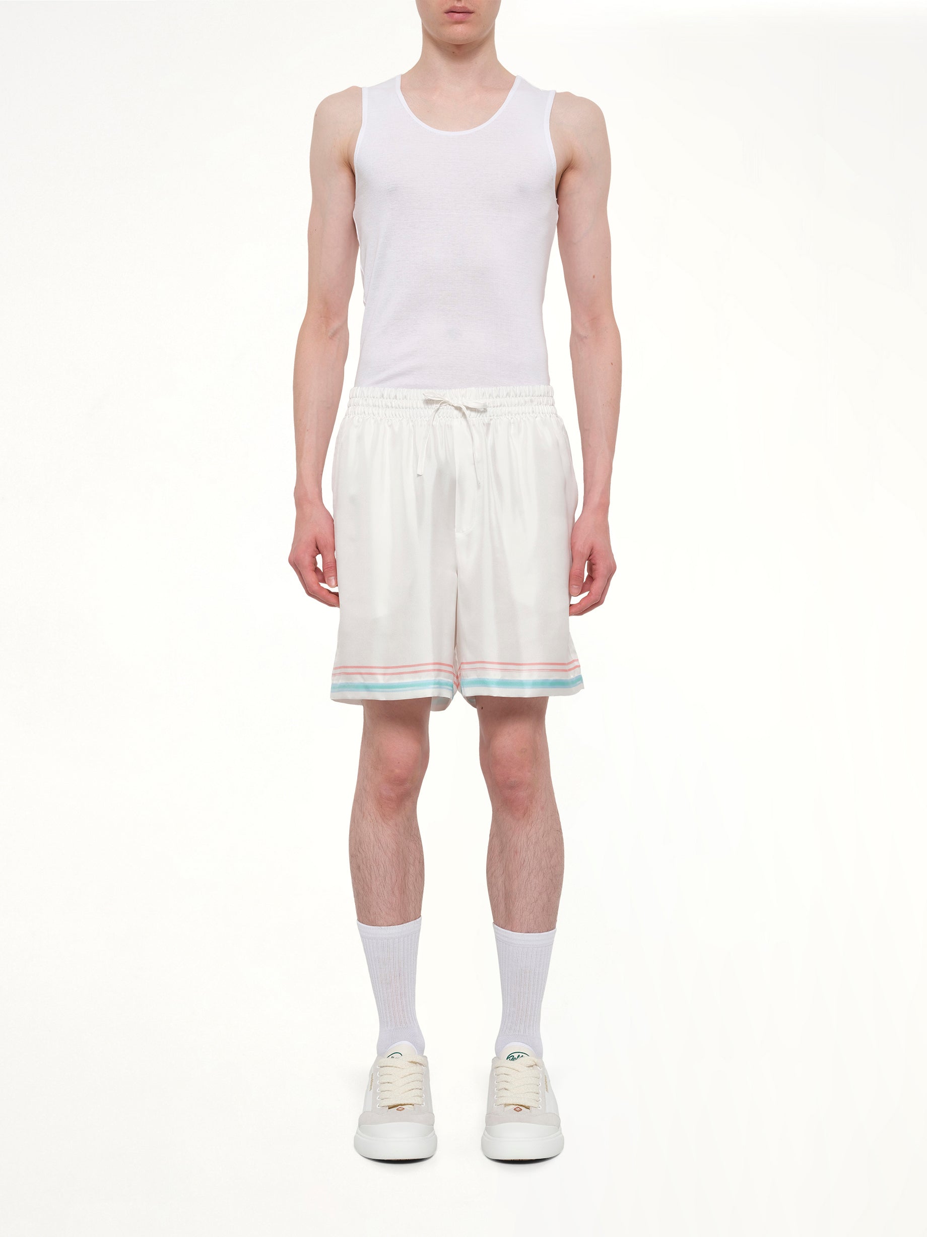 CASABLANCA Dance Joy Silk Shorts in White Model View from MARAIS