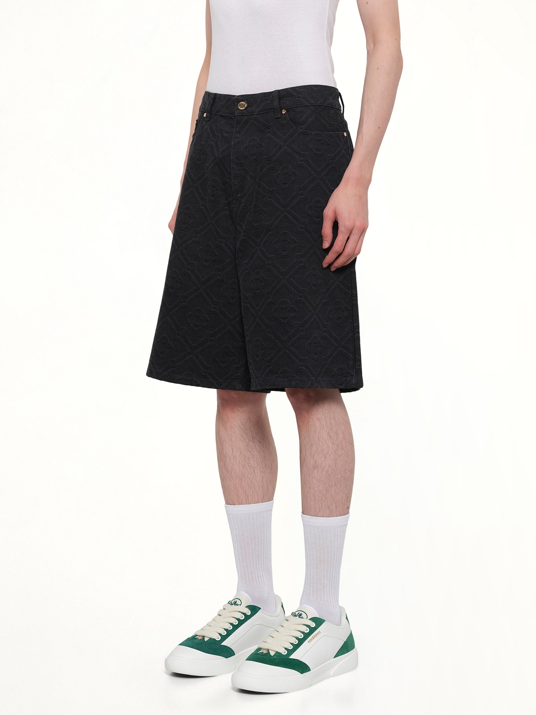 CASABLANCA Laser Monogram Denim Shorts in Black Side View from MARAIS