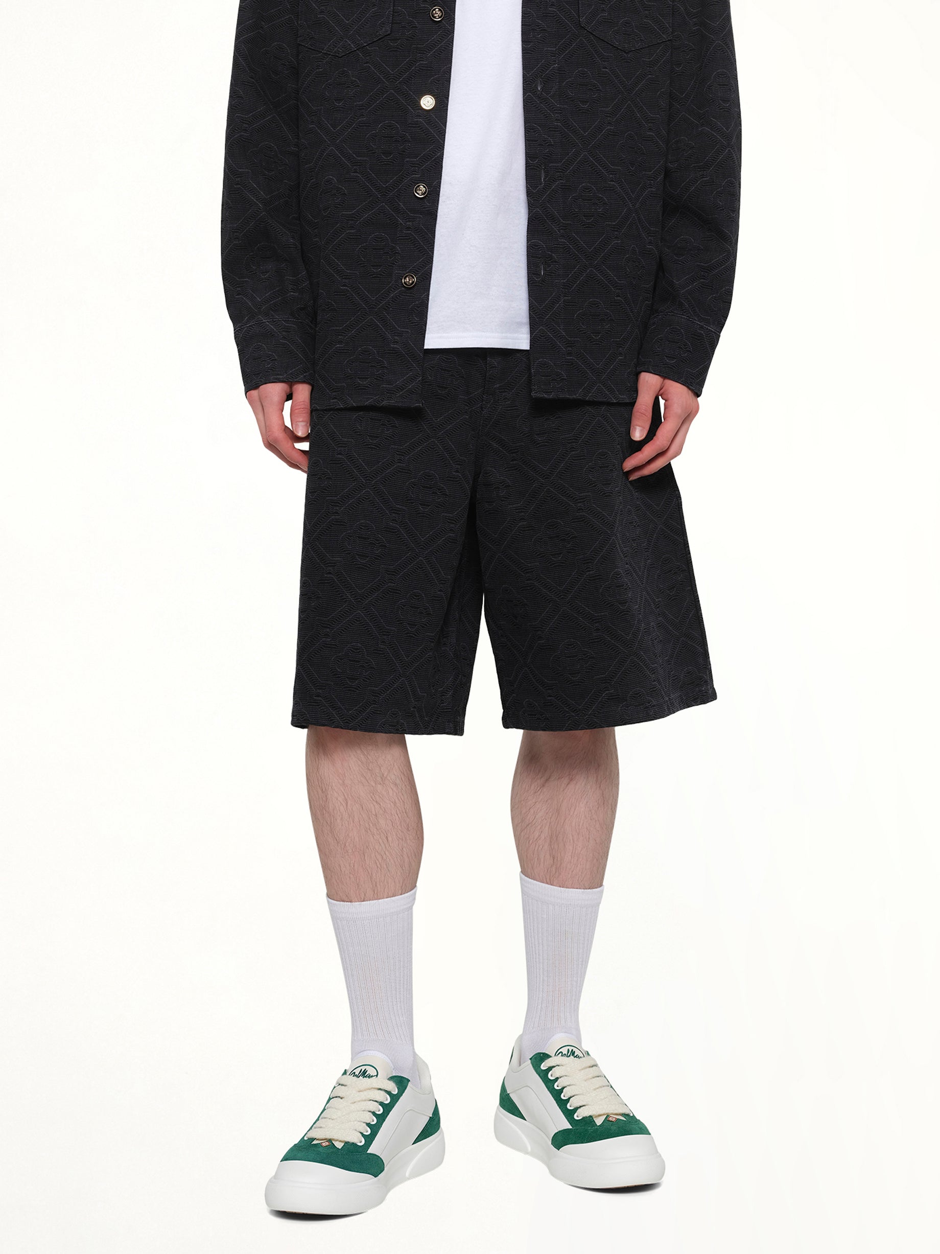 CASABLANCA Laser Monogram Denim Shorts in Black Detail Shot from MARAIS