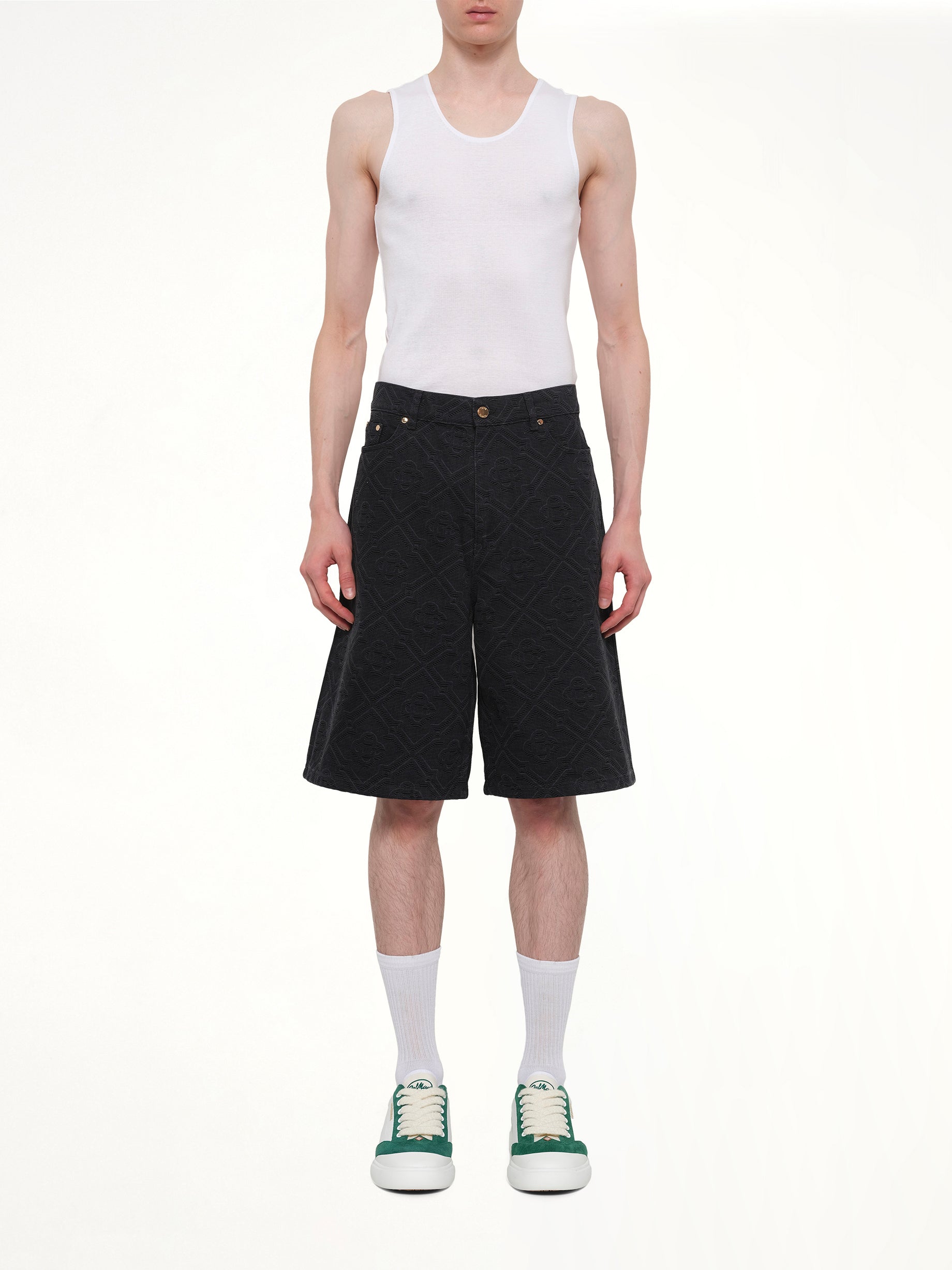 CASABLANCA Laser Monogram Denim Shorts in Black Model View from MARAIS
