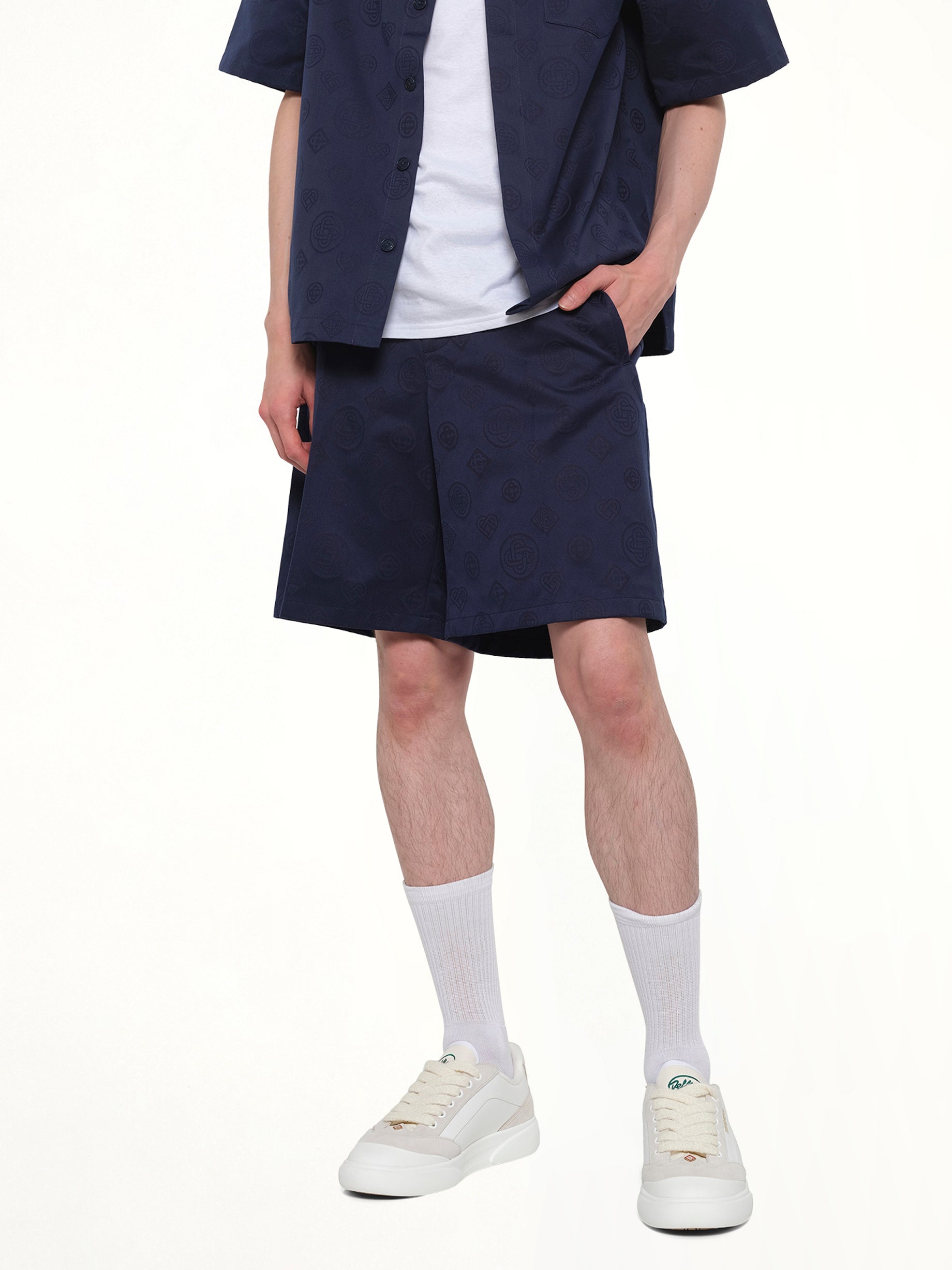 CASABLANCA Monogram Shorts in Navy Detail Shot from MARAIS