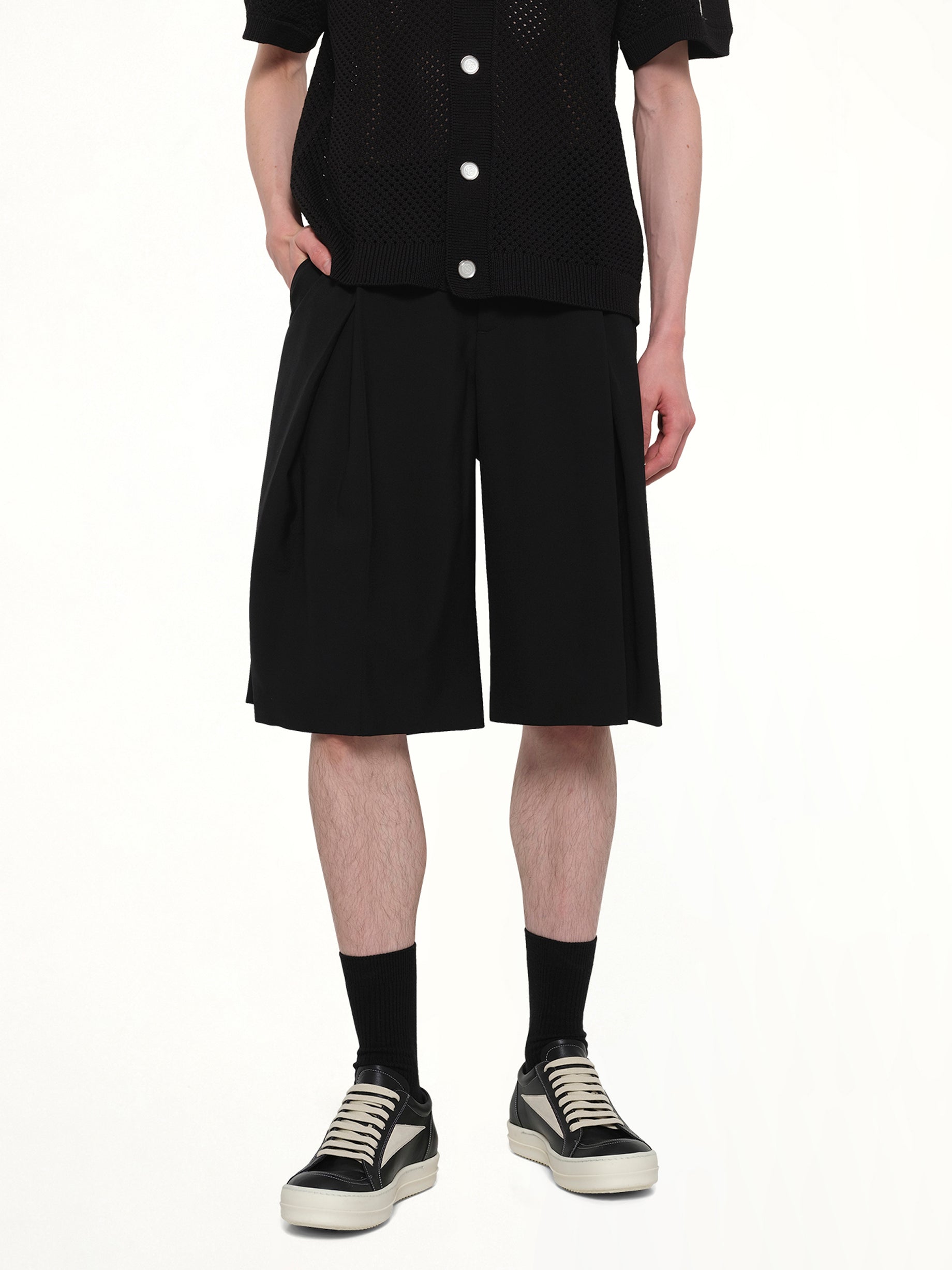 CASABLANCA Pleated Baggy Shorts in Black Detail Shot from MARAIS