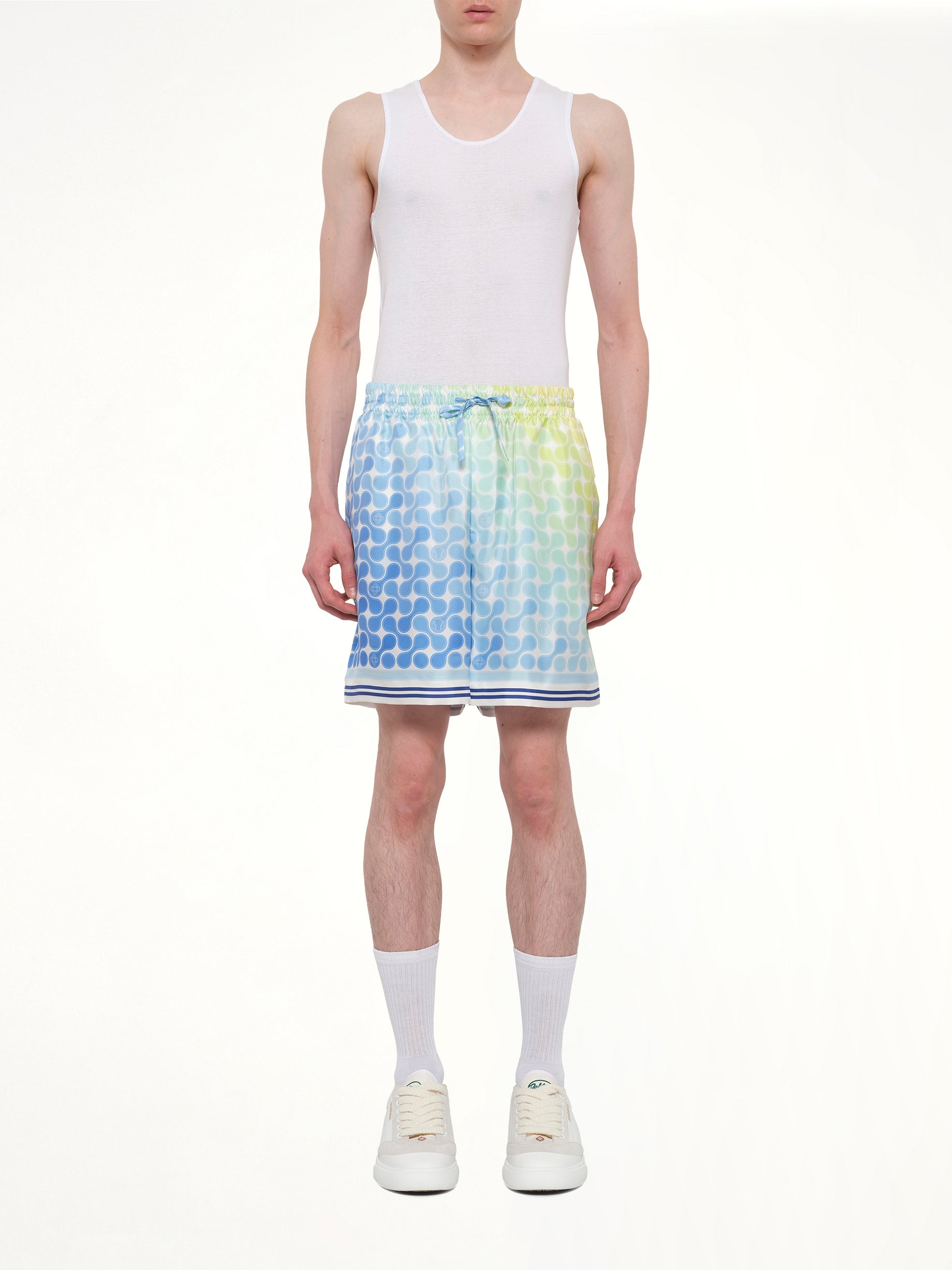 CASABLANCA Tennis Tile Silk Shorts in Multicolour Model View from MARAIS