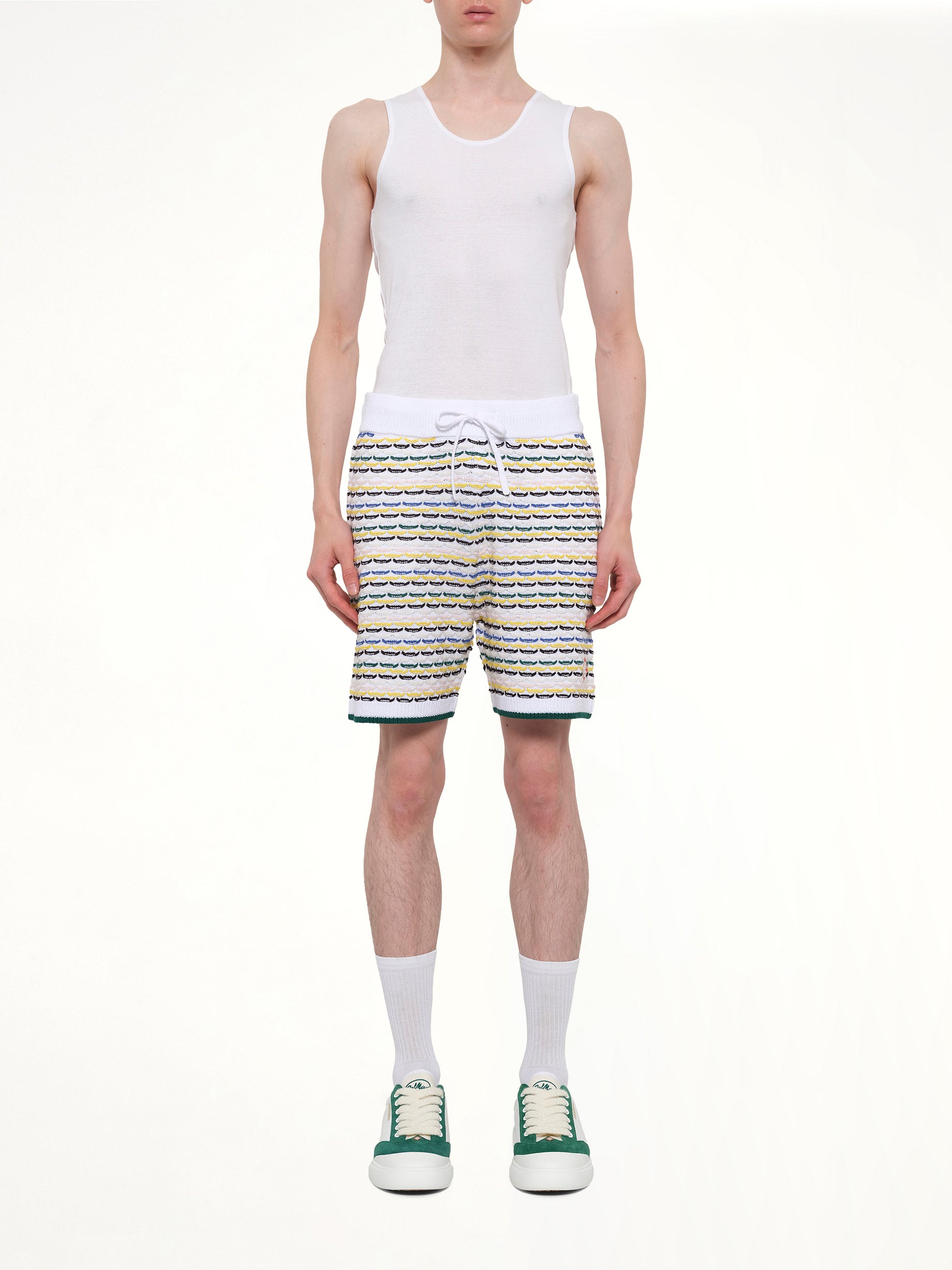 CASABLANCA Tuck Stitch Shorts in White Model View from MARAIS