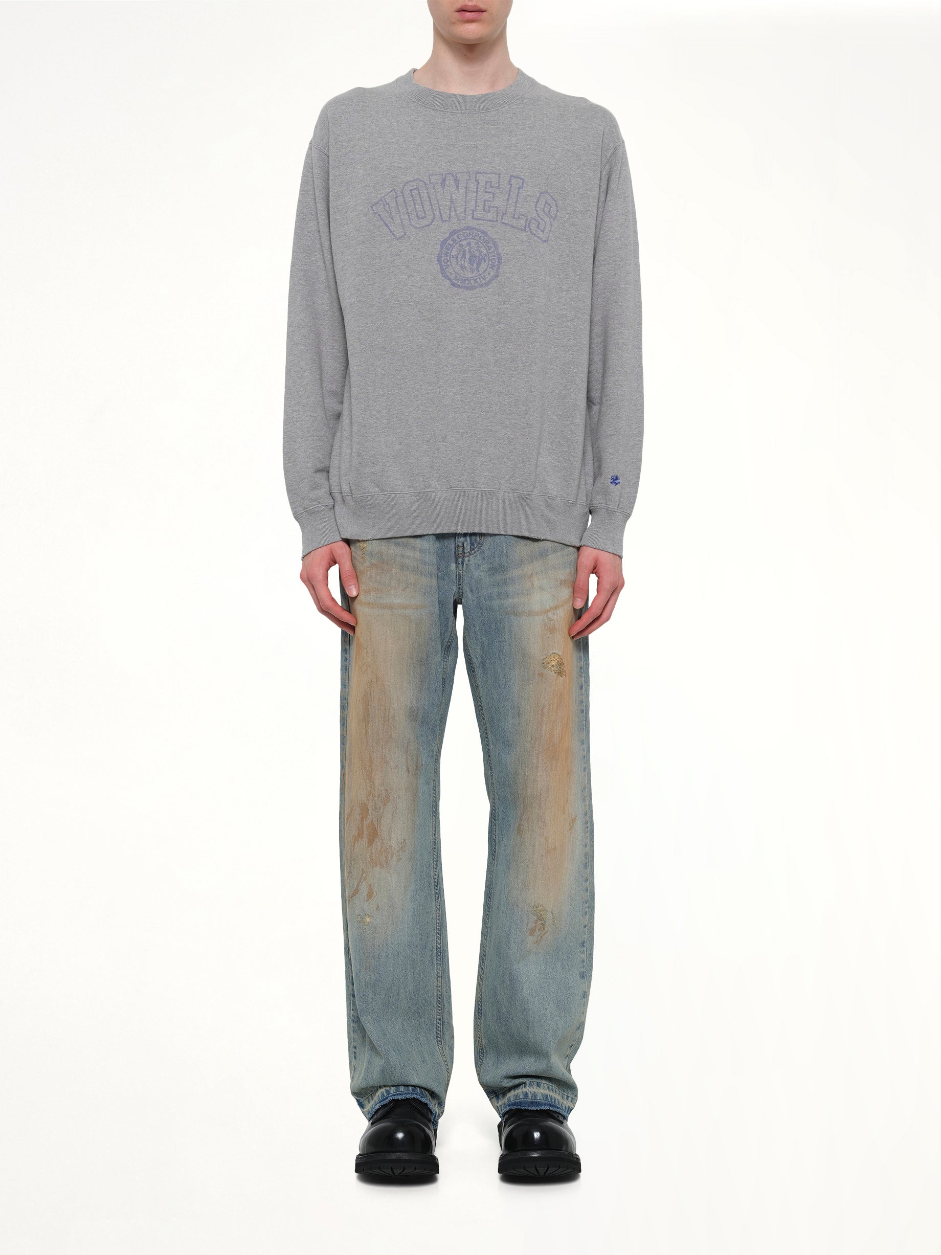 VOWELS Faded Collegiate Sweatshirt in Grey Heather Model View from MARAIS