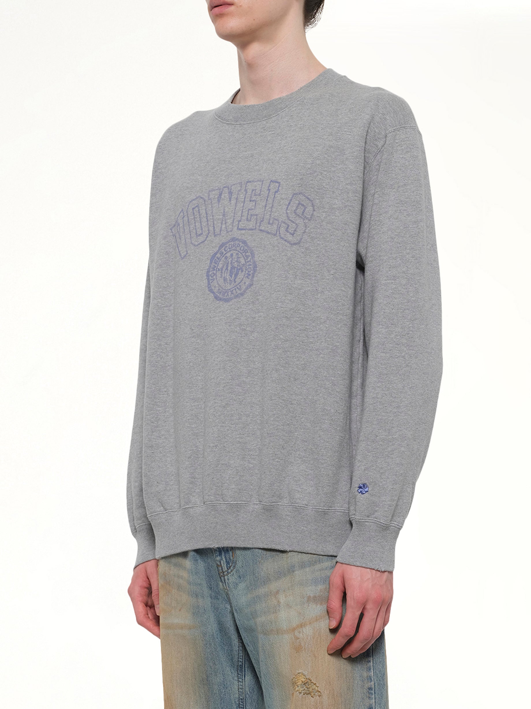 VOWELS Faded Collegiate Sweatshirt in Grey Heather Side View from MARAIS