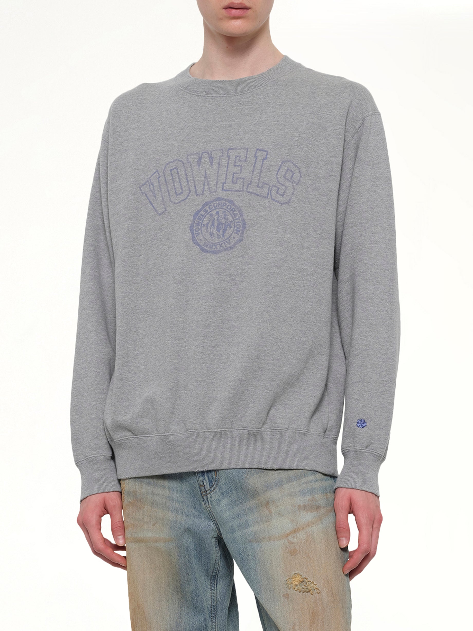 VOWELS Faded Collegiate Sweatshirt in Grey Heather Detail Shot from MARAIS