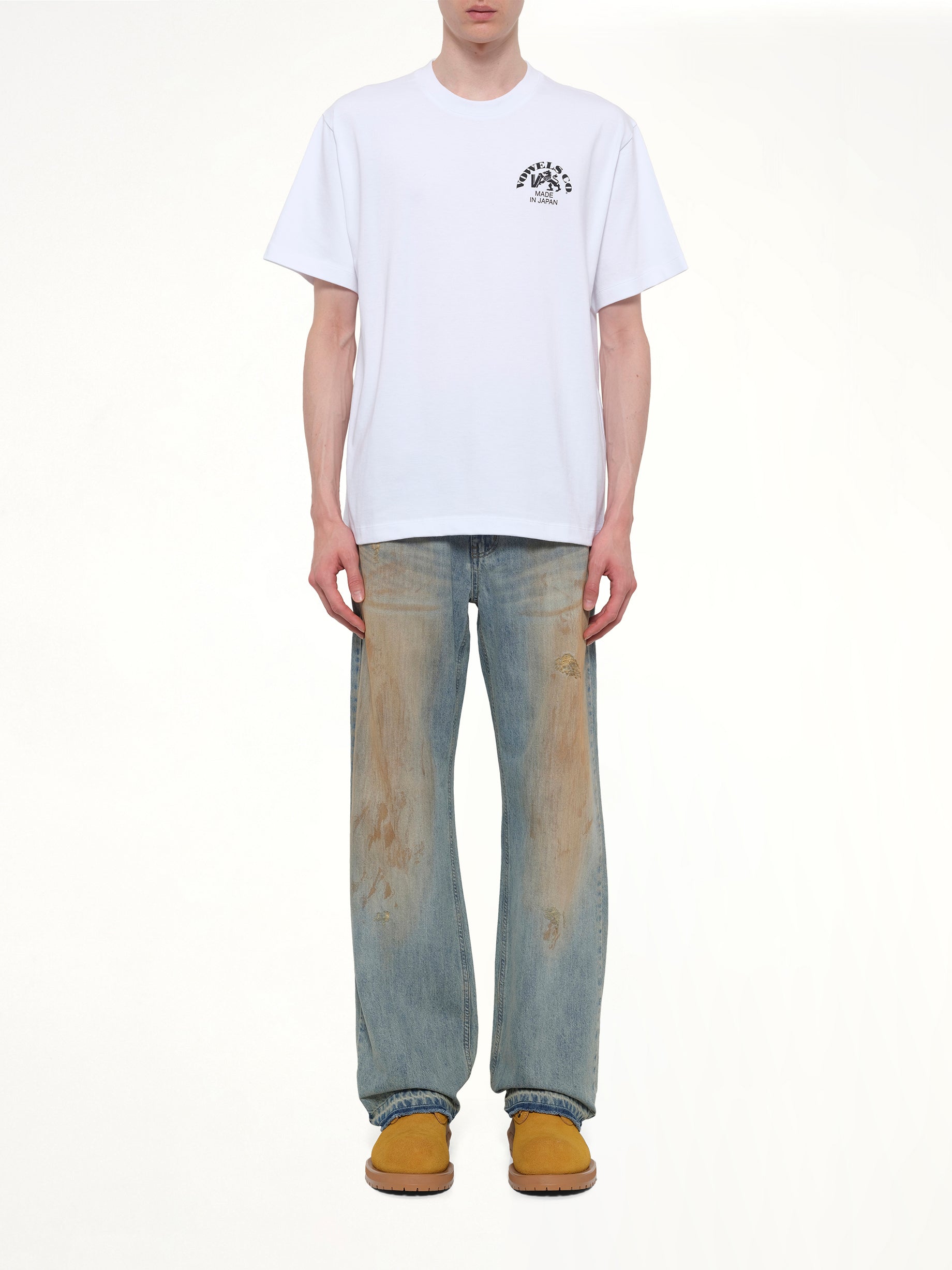 VOWELS Company T-Shirt in White Model View from MARAIS