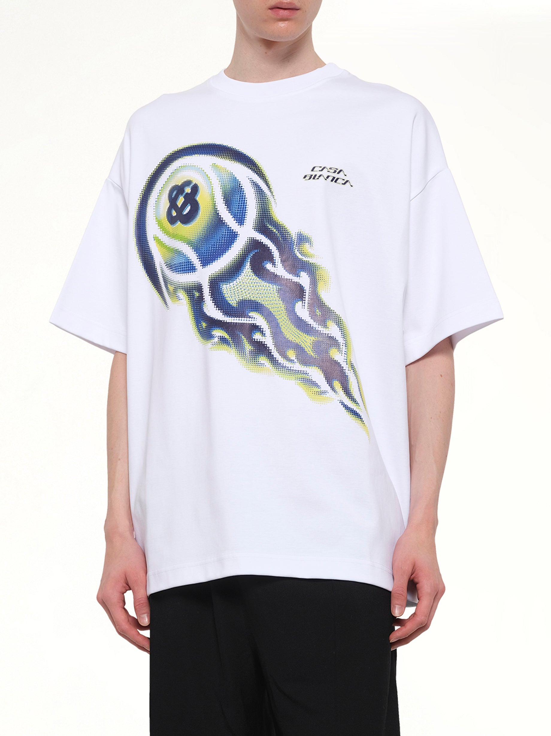 CASABLANCA Flaming Tennis Ball Oversized T-Shirt in White Detail Shot from MARAIS