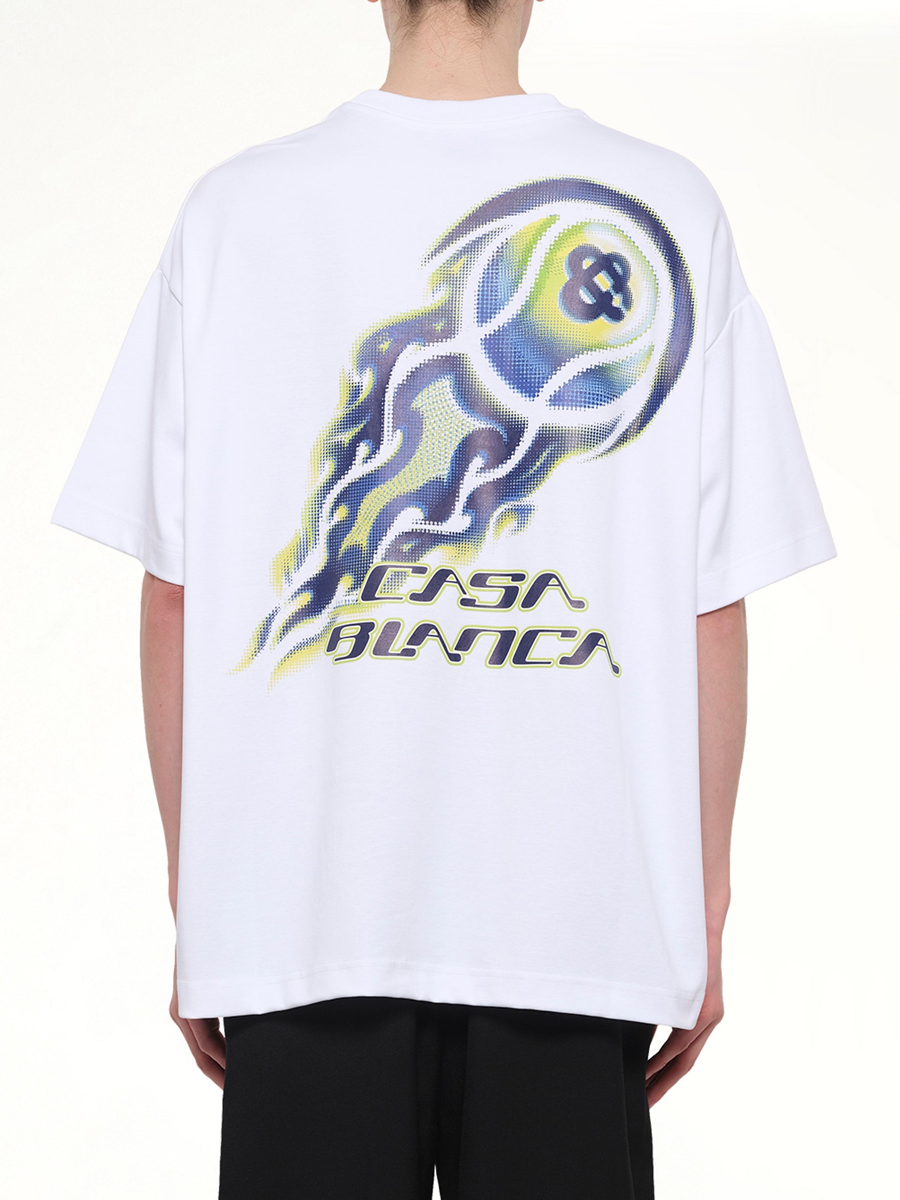 CASABLANCA Flaming Tennis Ball Oversized T-Shirt in White Back View from MARAIS