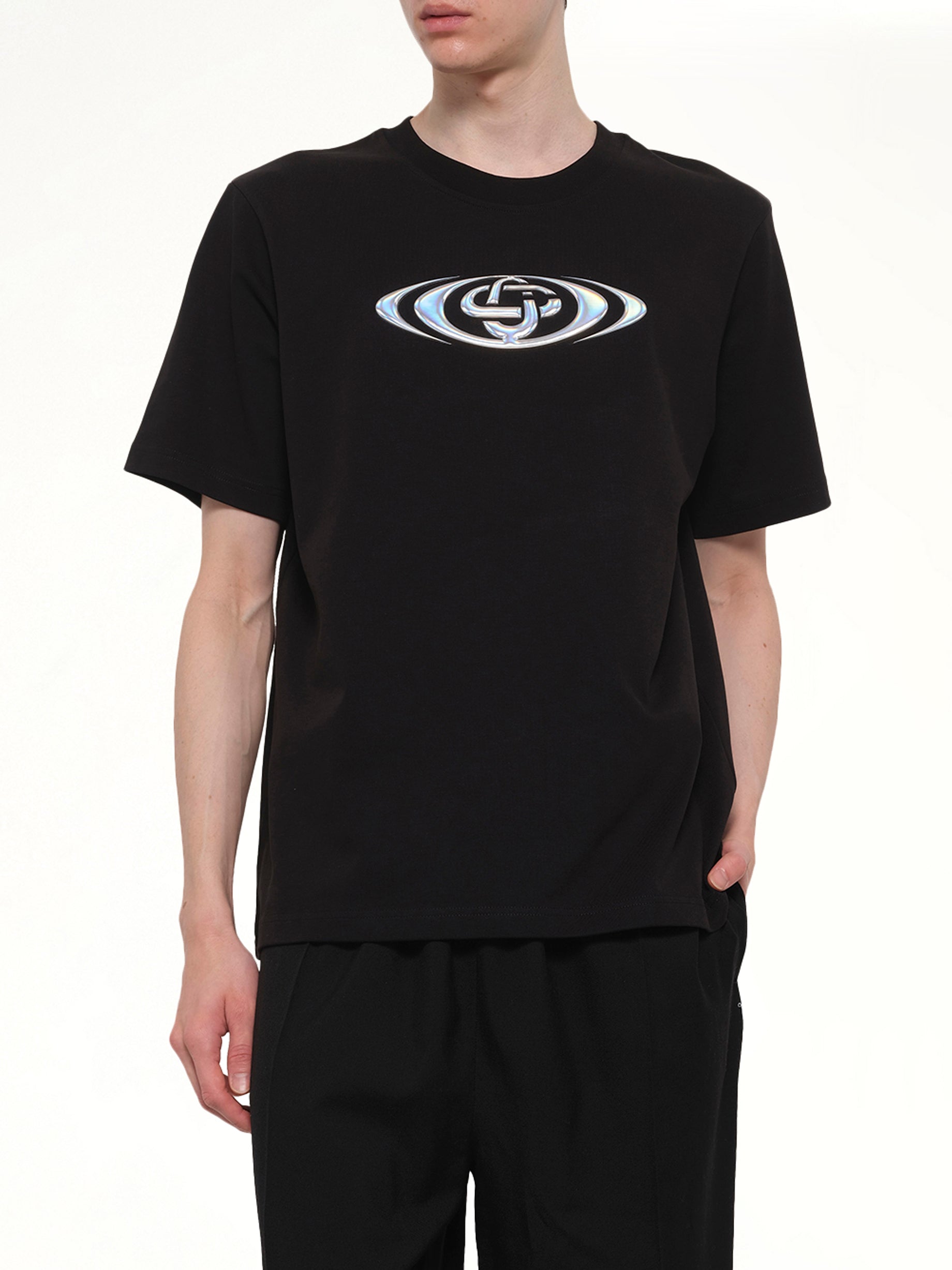 CASABLANCA Warped Logo Classic T-Shirt in Black Detail Shot from MARAIS