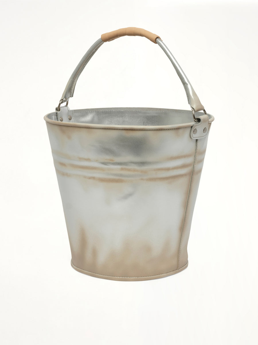Bucket-Shaped Leather Bag in Silver
