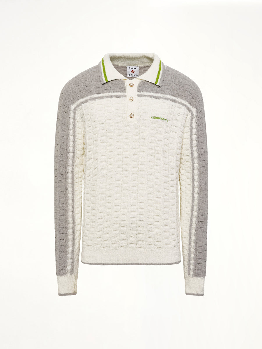 Tennis Boucle Long Sleeve Polo Shirt in White
