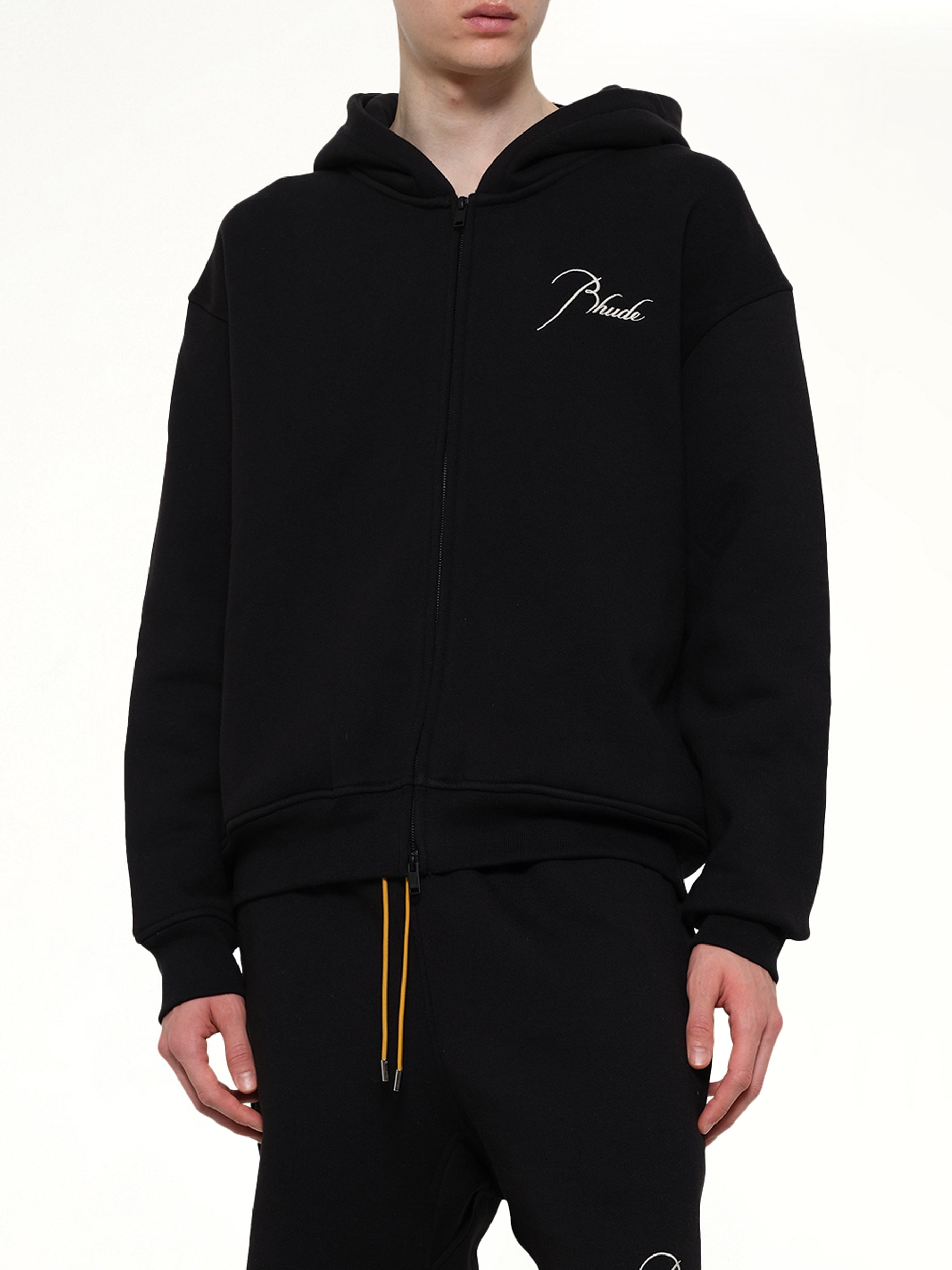 RHUDE Classique Zip Up Hoodie in Black/White Detail Shot from MARAIS