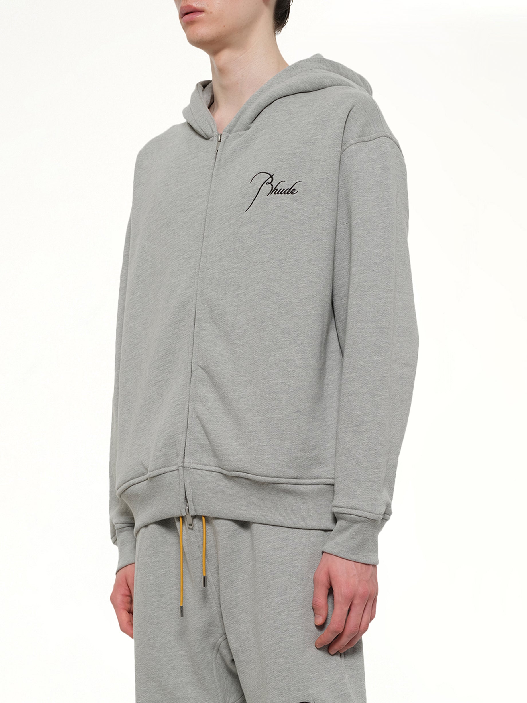 RHUDE Classique Zip Up Hoodie in Heather Grey/Black Side View from MARAIS