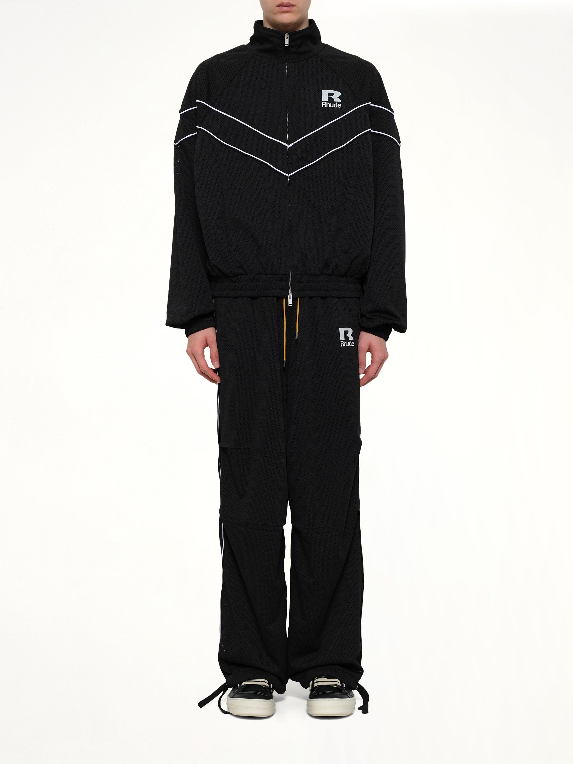 RHUDE Rhude Mesh Piping Raglan Track Jacket in Black/White Model View from MARAIS