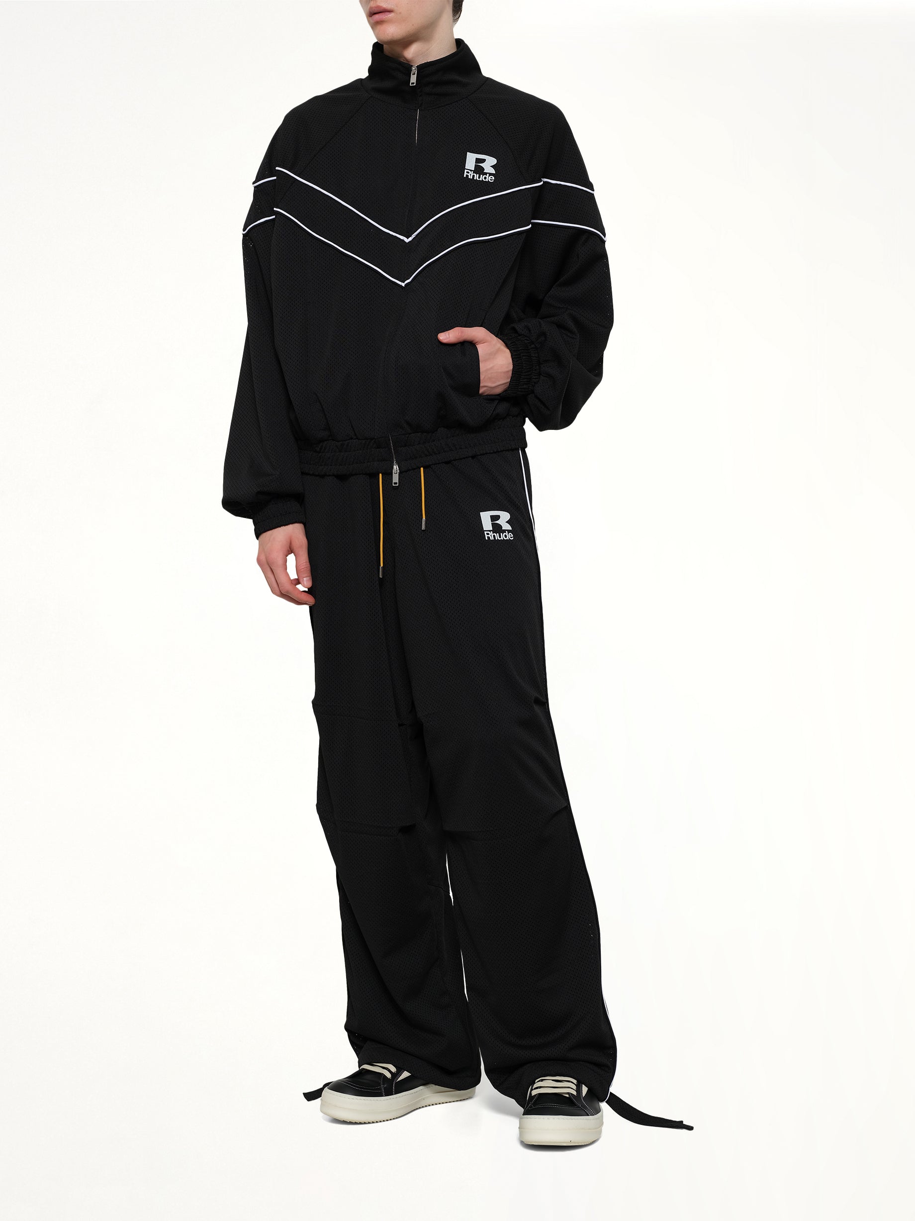 RHUDE Rhude Mesh Piping Raglan Track Jacket in Black/White Full Reference from MARAIS