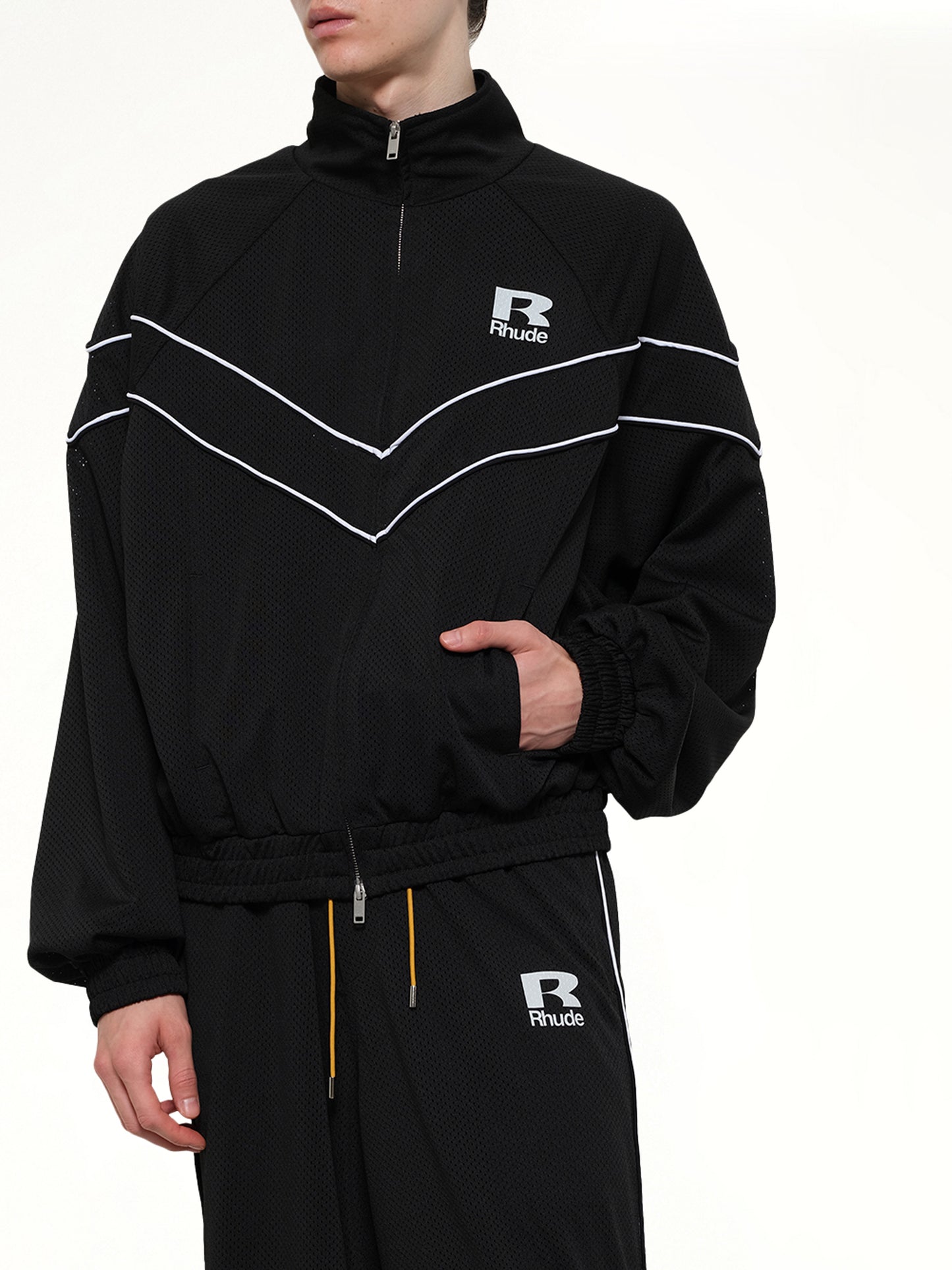 Rhude Mesh Piping Raglan Track Jacket in Black/White