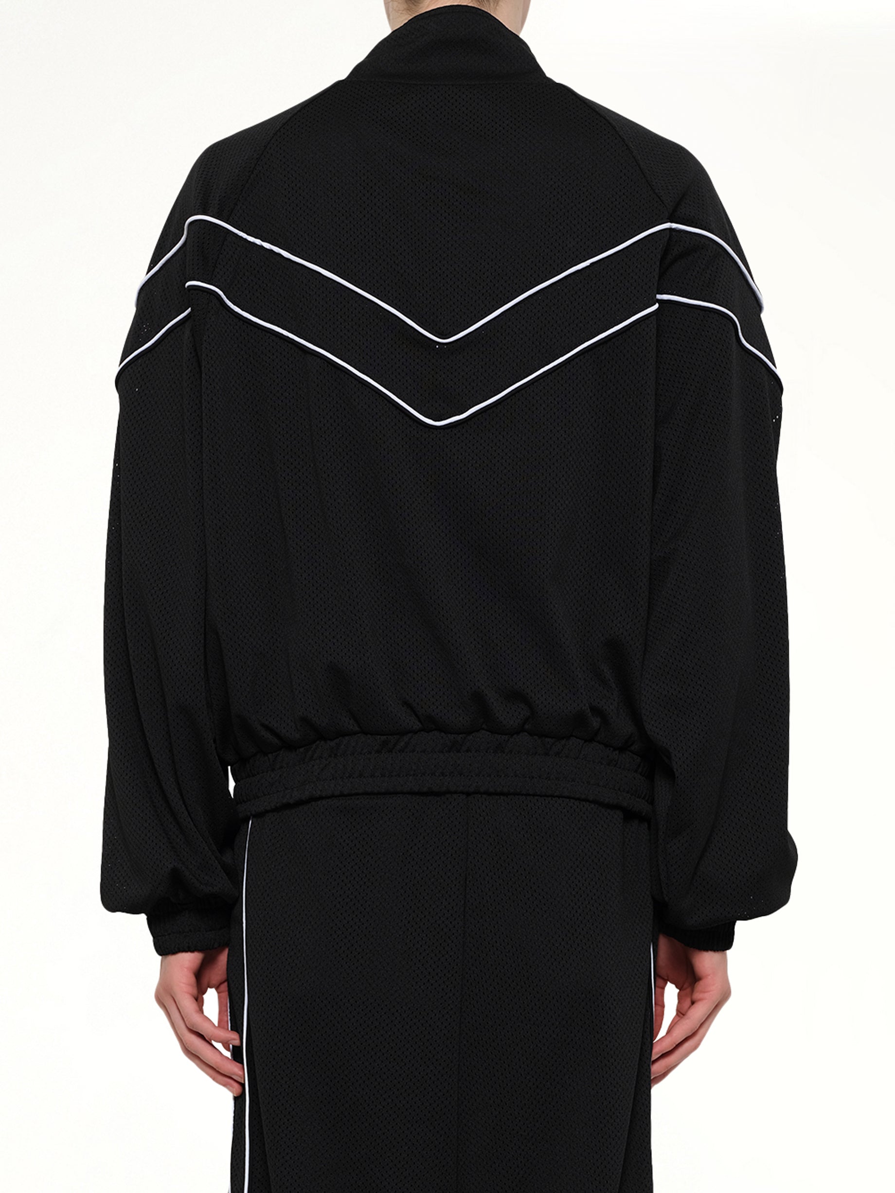 RHUDE Rhude Mesh Piping Raglan Track Jacket in Black/White Back View from MARAIS