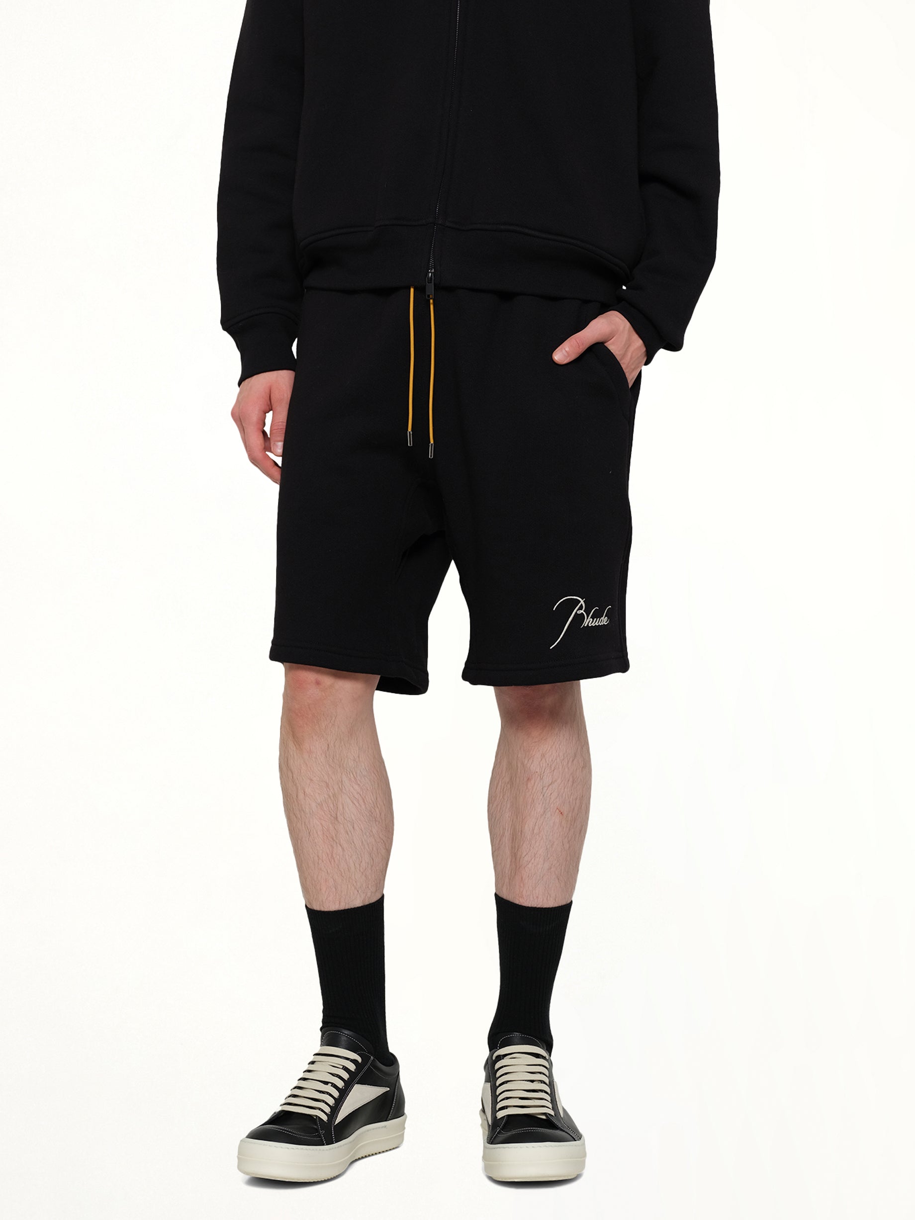 RHUDE Classique Sweatshorts in Black/White Detail Shot from MARAIS
