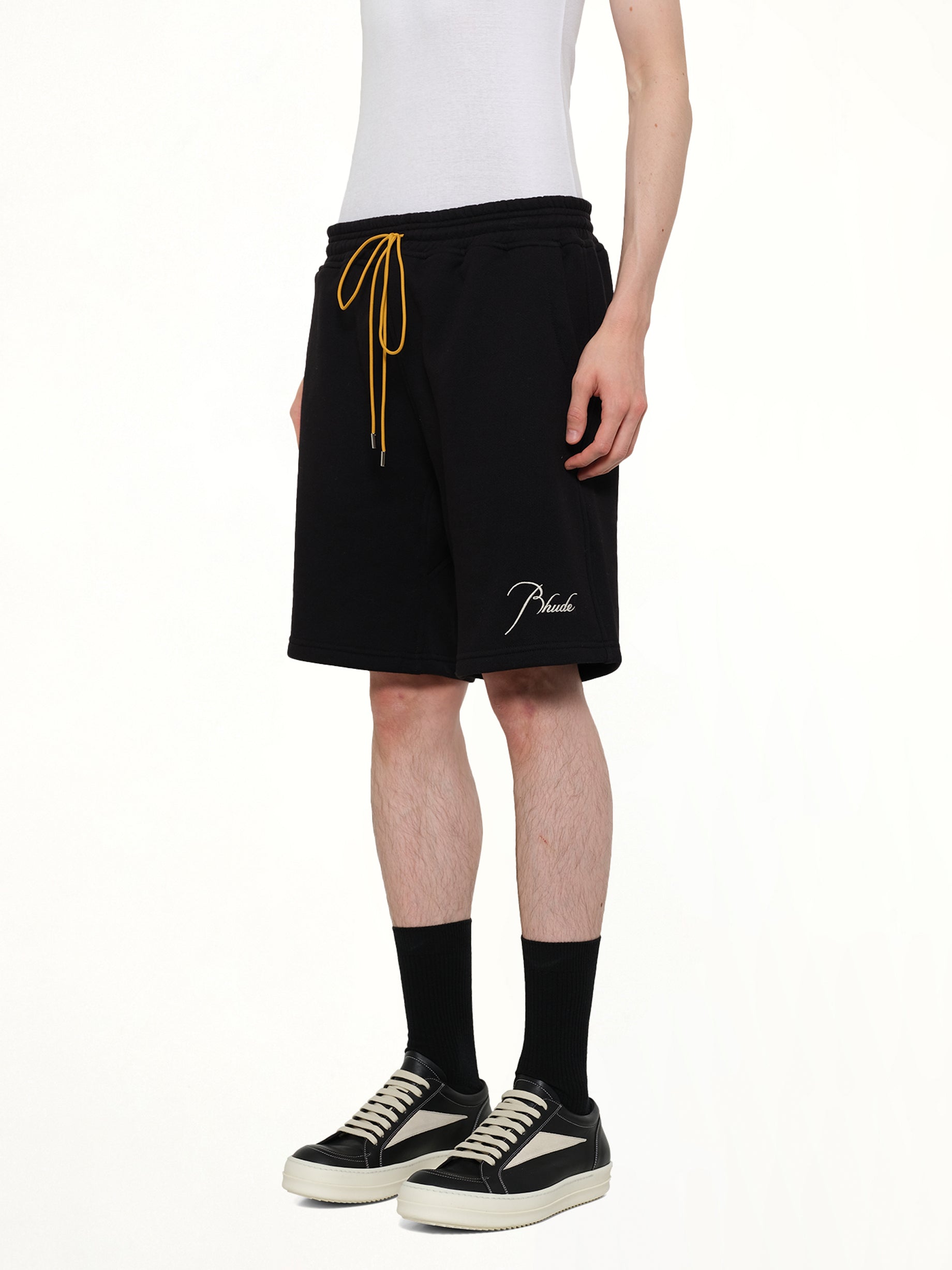 RHUDE Classique Sweatshorts in Black/White Side View from MARAIS