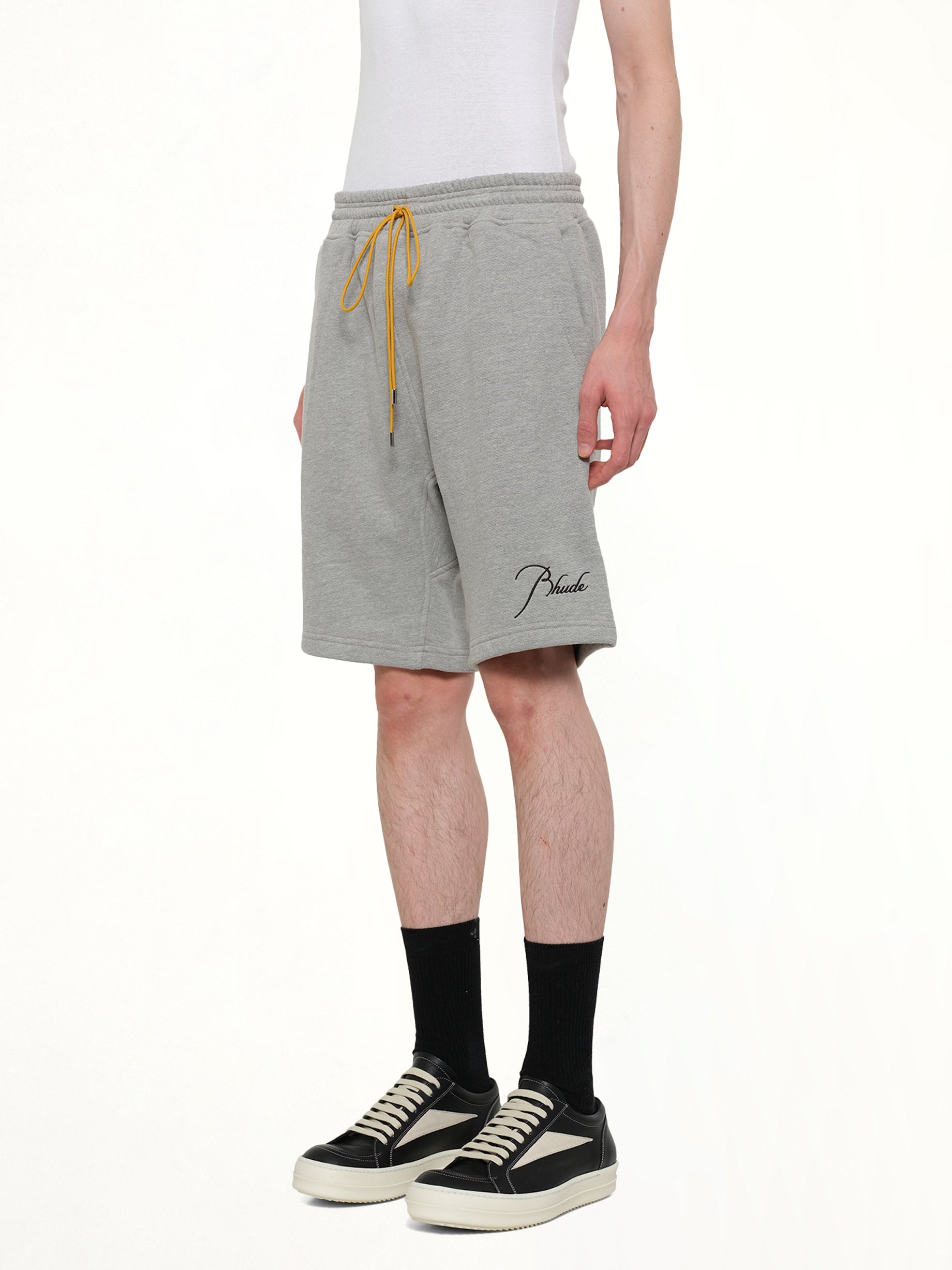 RHUDE , Classique Sweatshort in Heather Grey/Black Side View from MARAIS