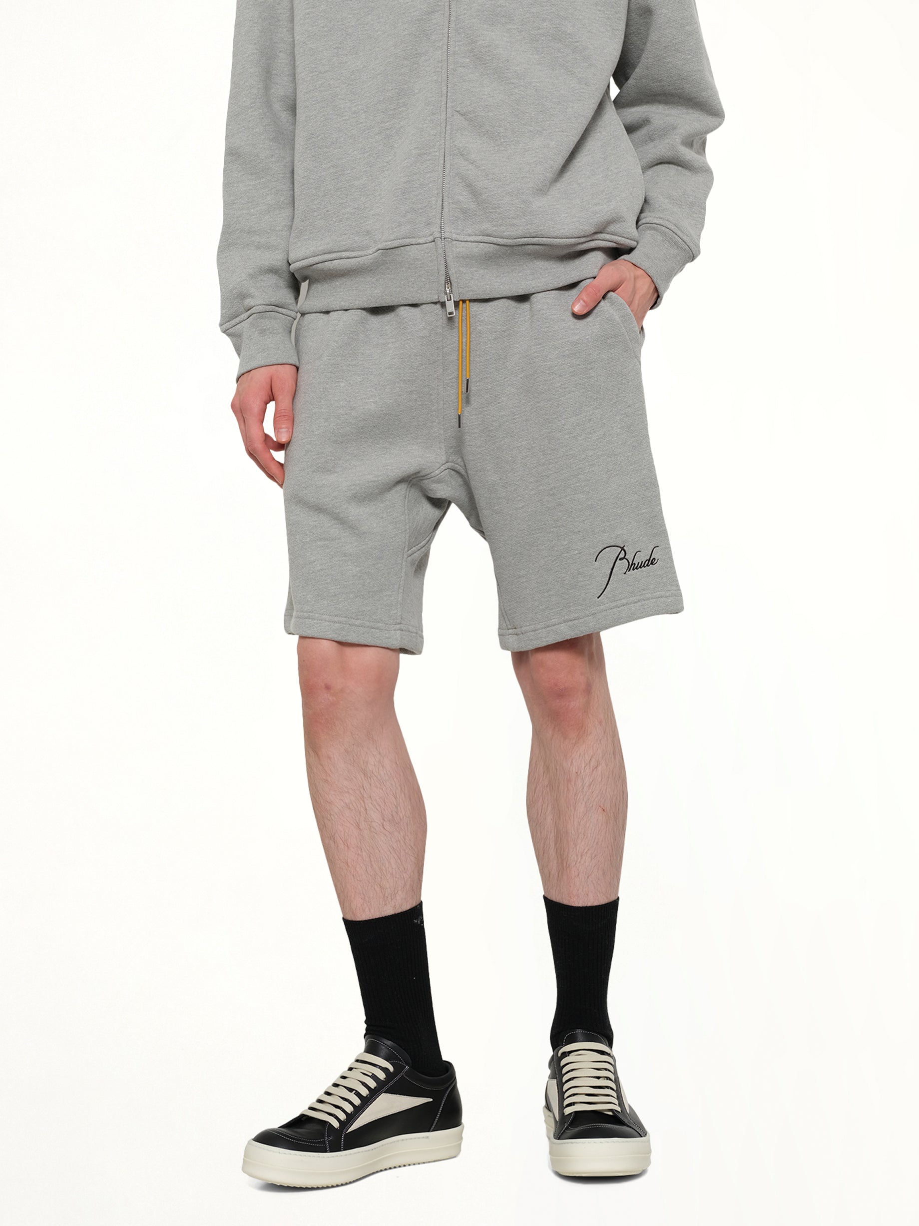 RHUDE , Classique Sweatshort in Heather Grey/Black Detail Shot from MARAIS