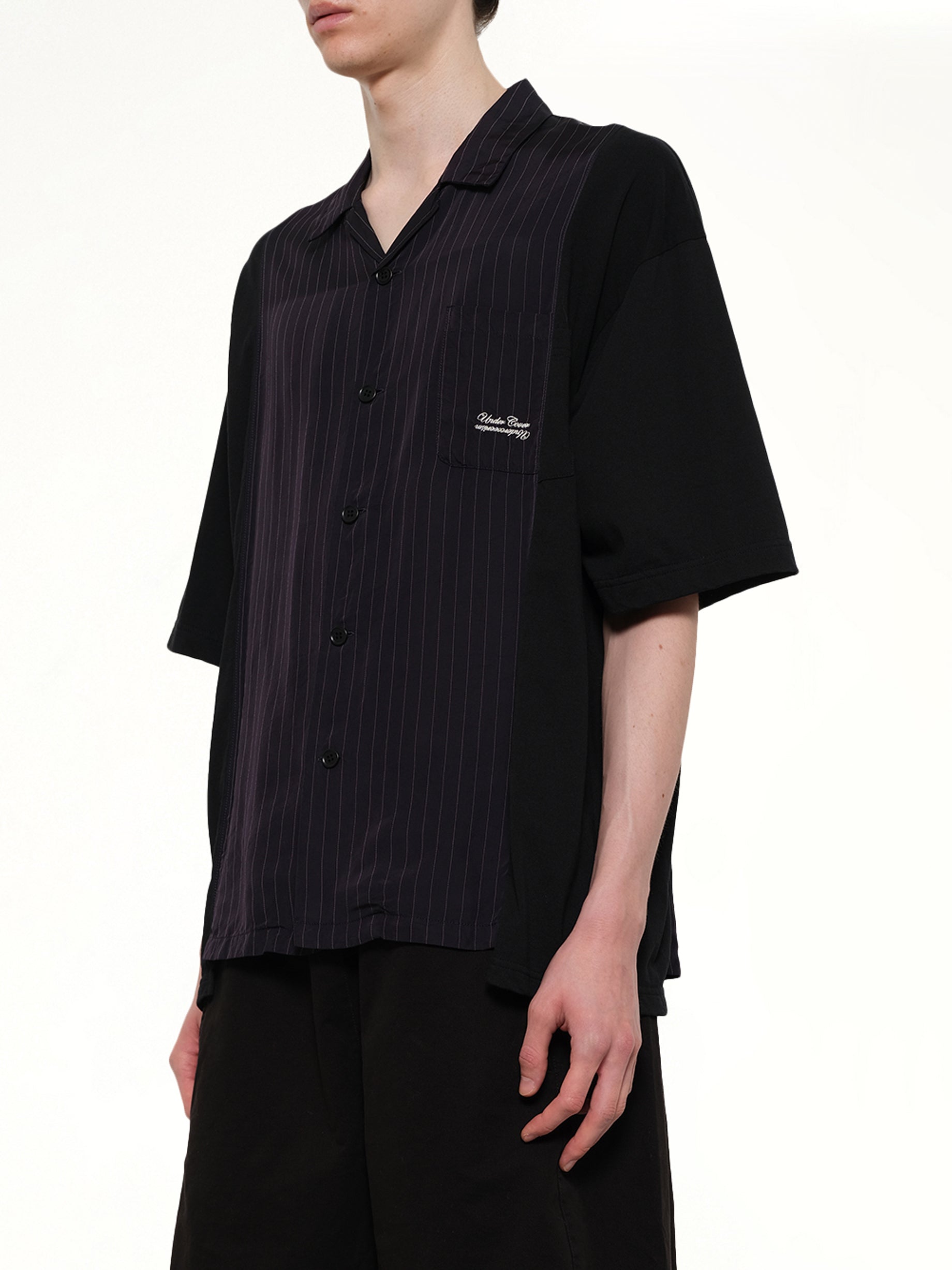UNDERCOVER Combo SS Shirt in Navy Stripe Side View from MARAIS