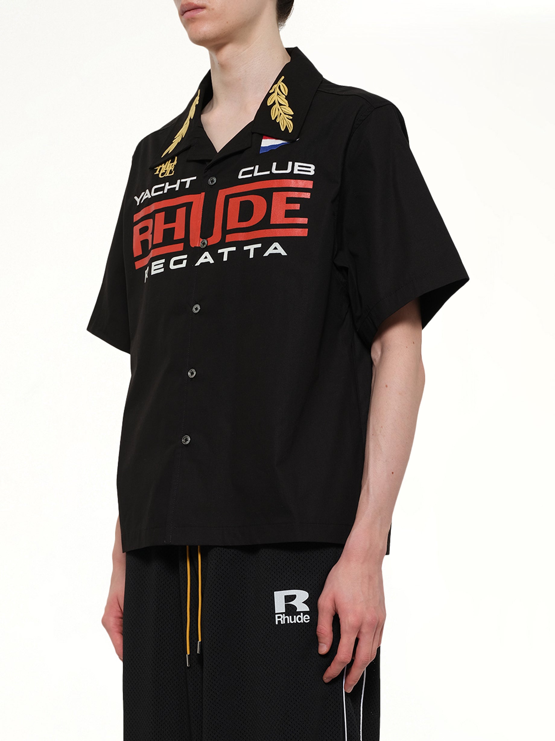 RHUDE Rhude Regatta Club Shirt in Black/White/Red Side View from MARAIS