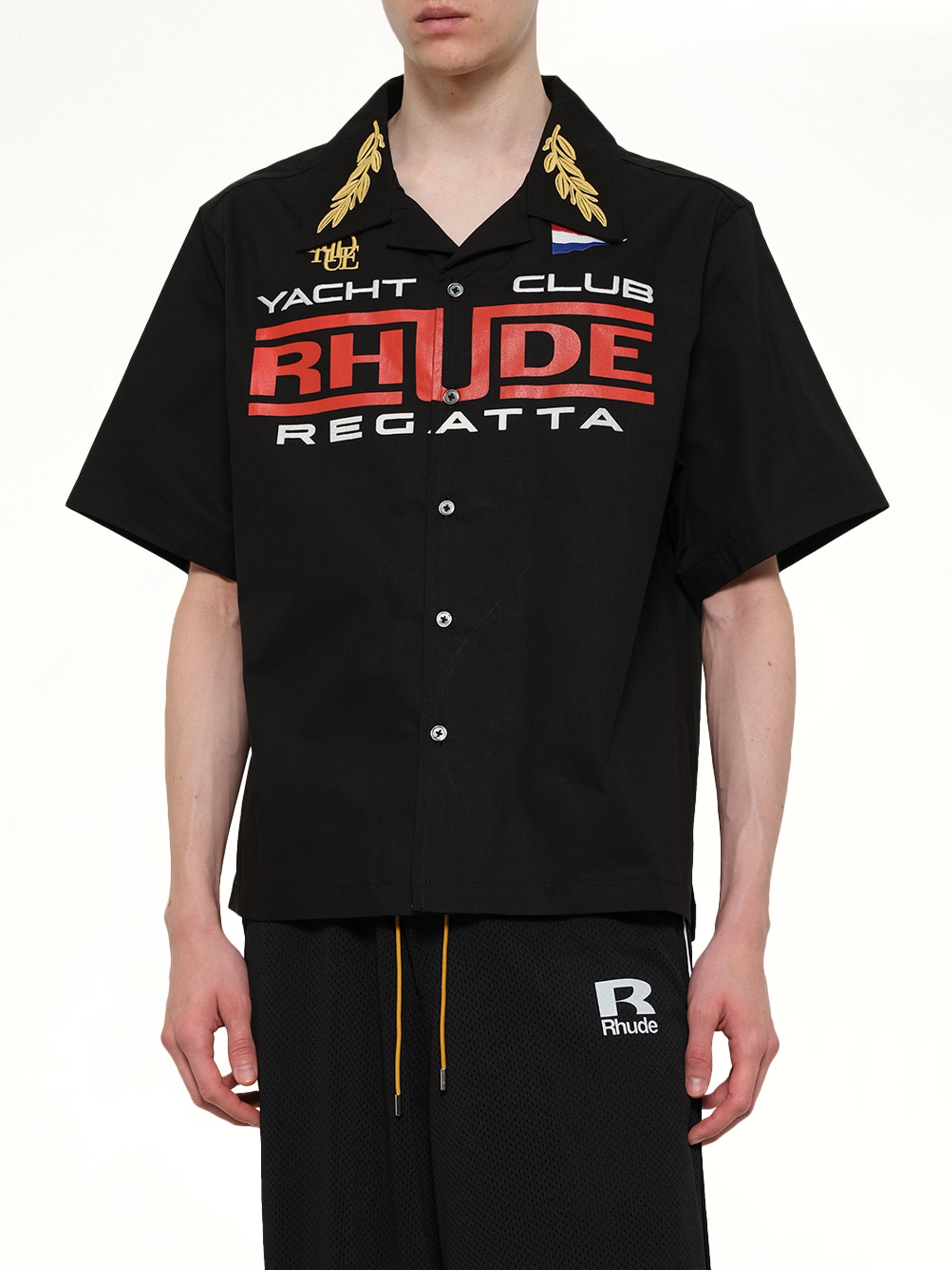 RHUDE Rhude Regatta Club Shirt in Black/White/Red Detail Shot from MARAIS