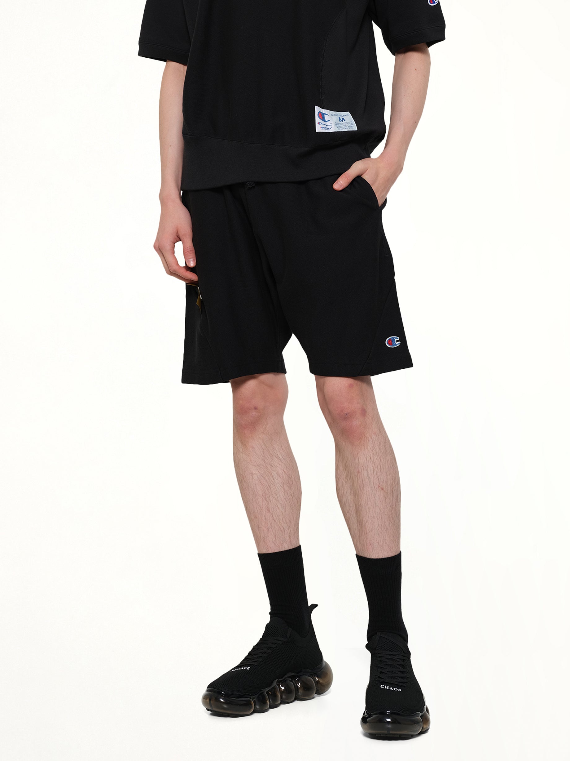 UNDERCOVER Champion x UC Sweatshorts in Black Detail Shot from MARAIS