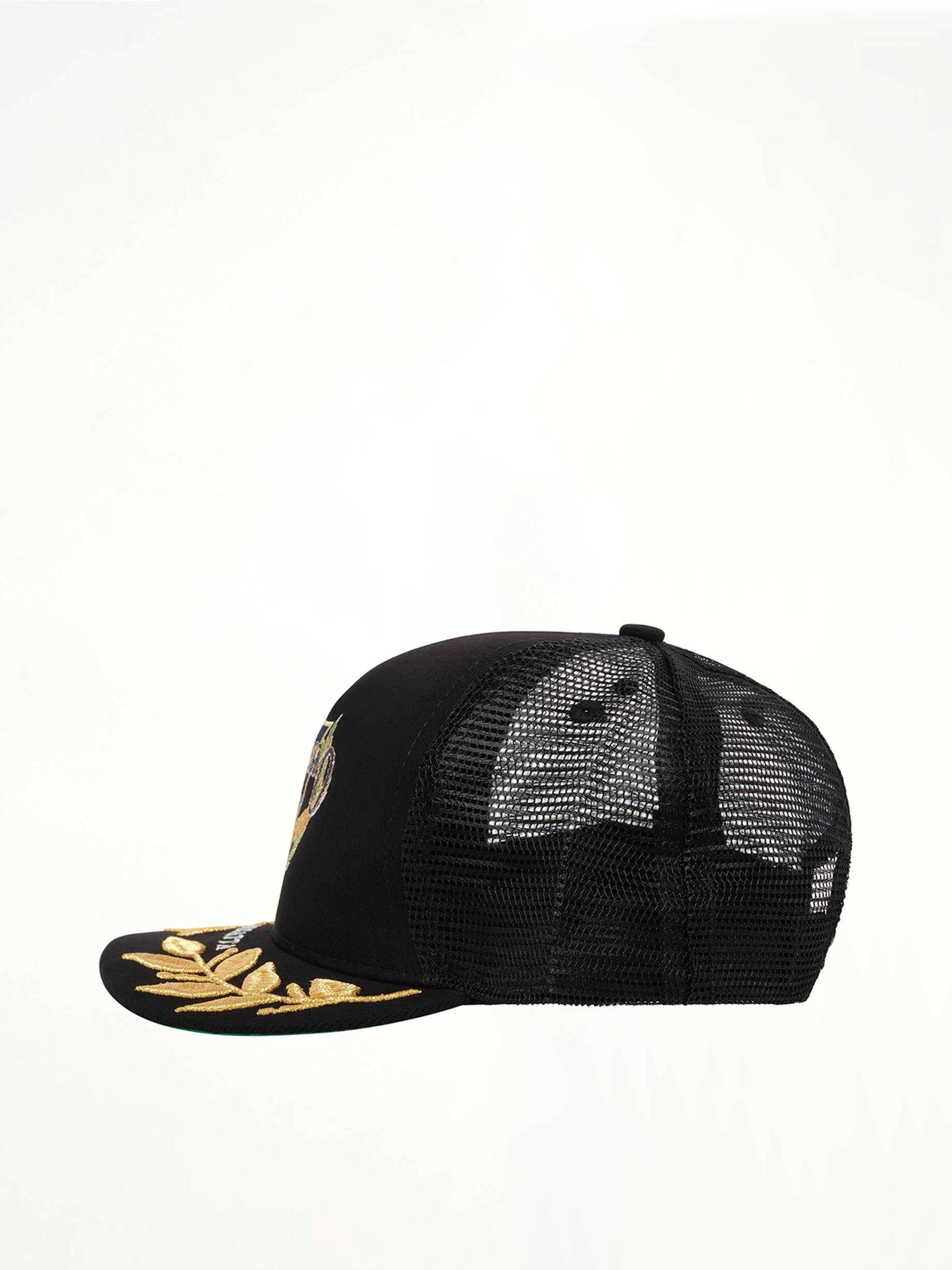 RHUDE Montenegro Regatta Trucker Hat in Black/Navy Side View from MARAIS