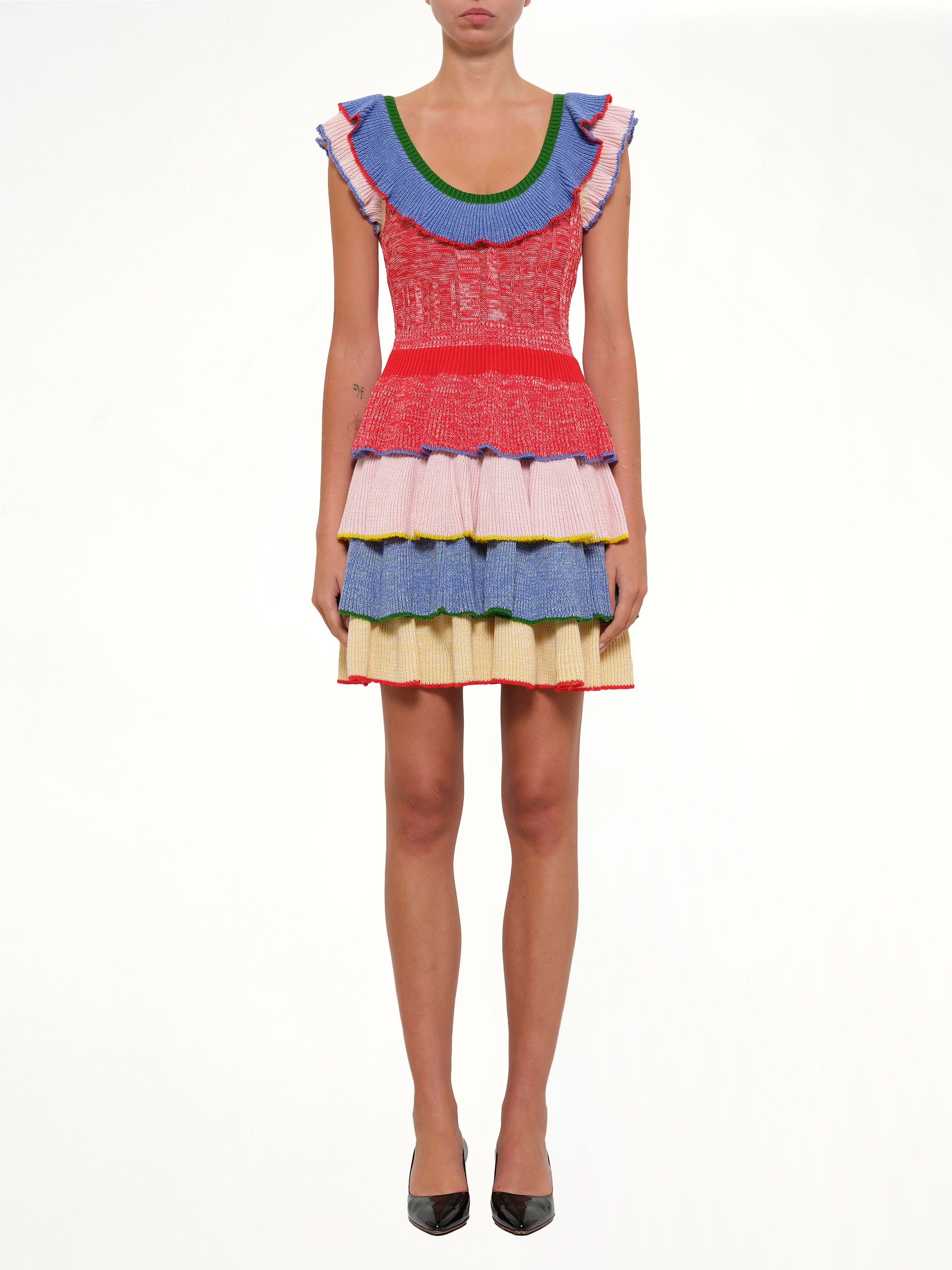 Multicolor Knit Mini Dress in Red/White