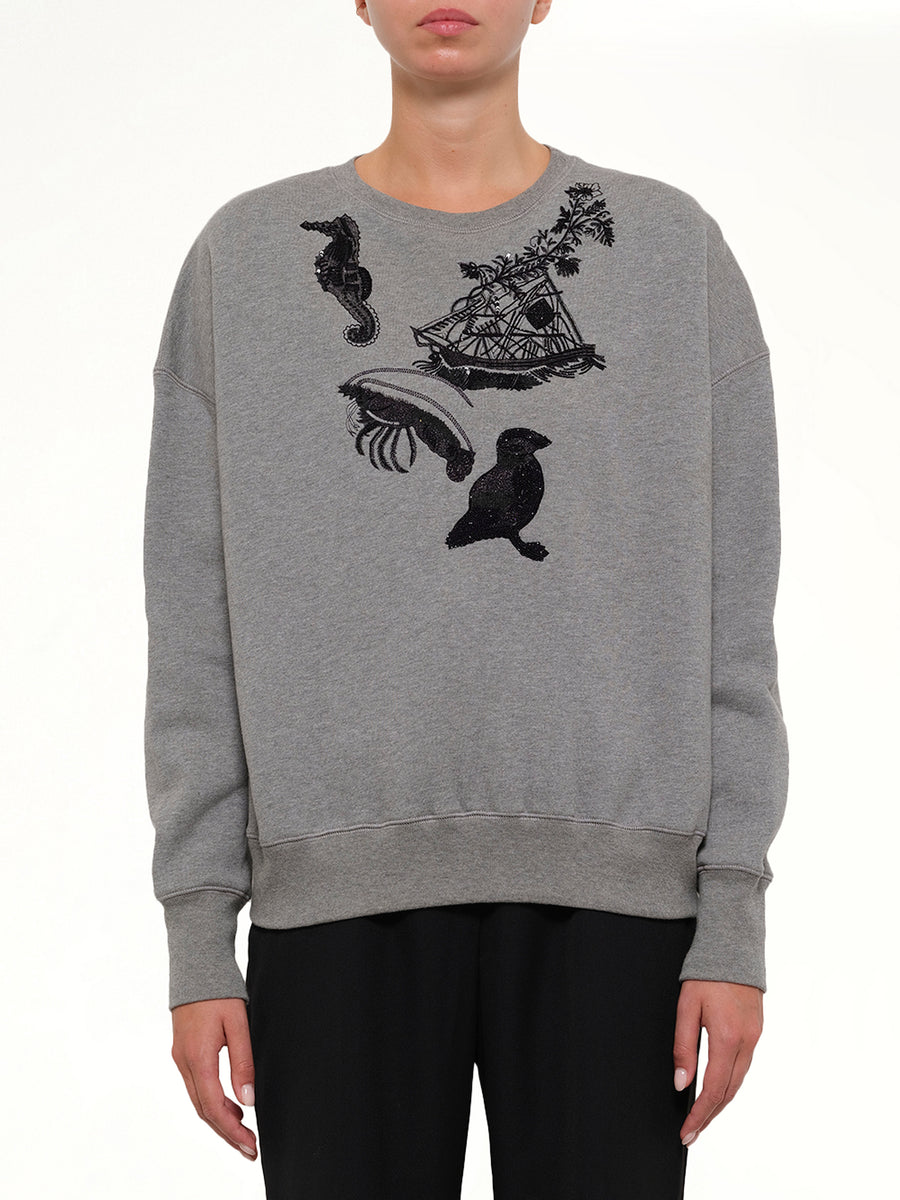 Amq - Sea Creature Embroidered Sweater in Grey