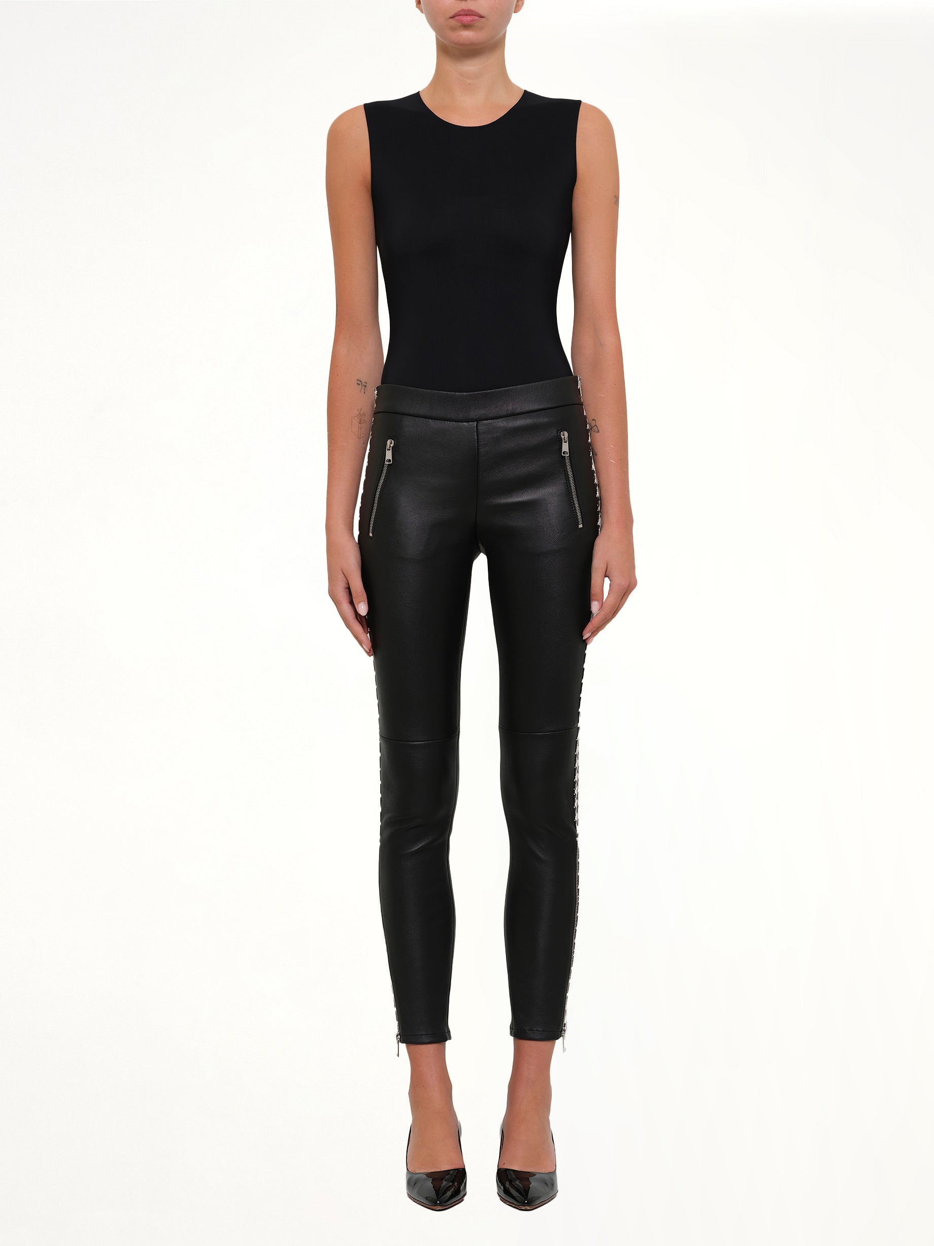 ALEXANDER MCQUEEN Leather Leggings in Black Product Photo from MARAIS