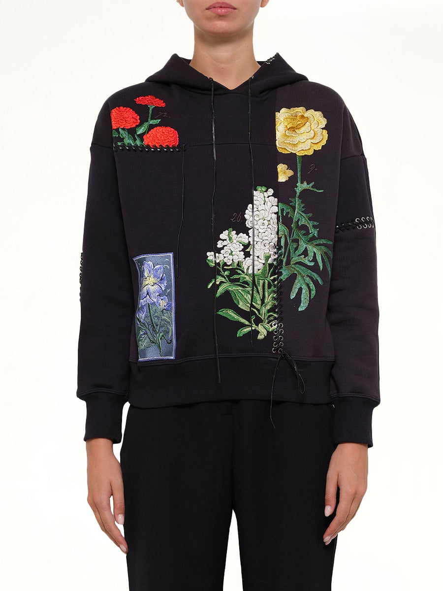 Botanical Embroidered Hoodie in Blue