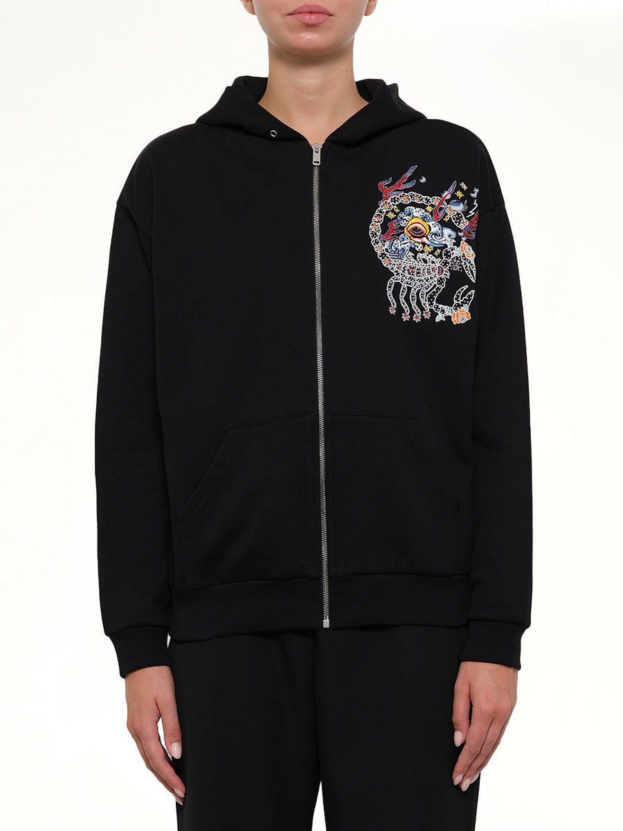 Embroidered Zip Hoodie in Black