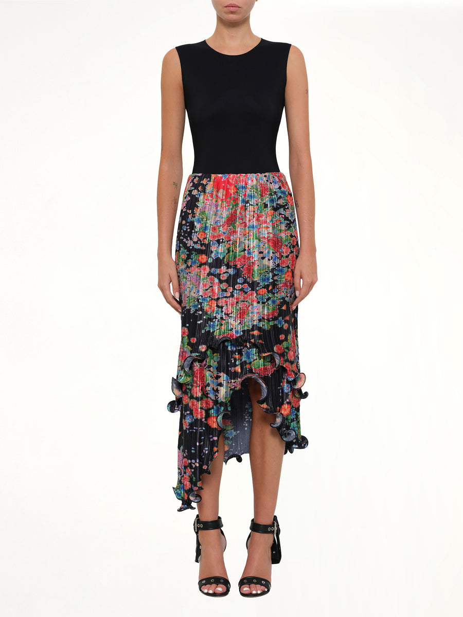 Asymmetric Bloom Pleated Skirt in Red