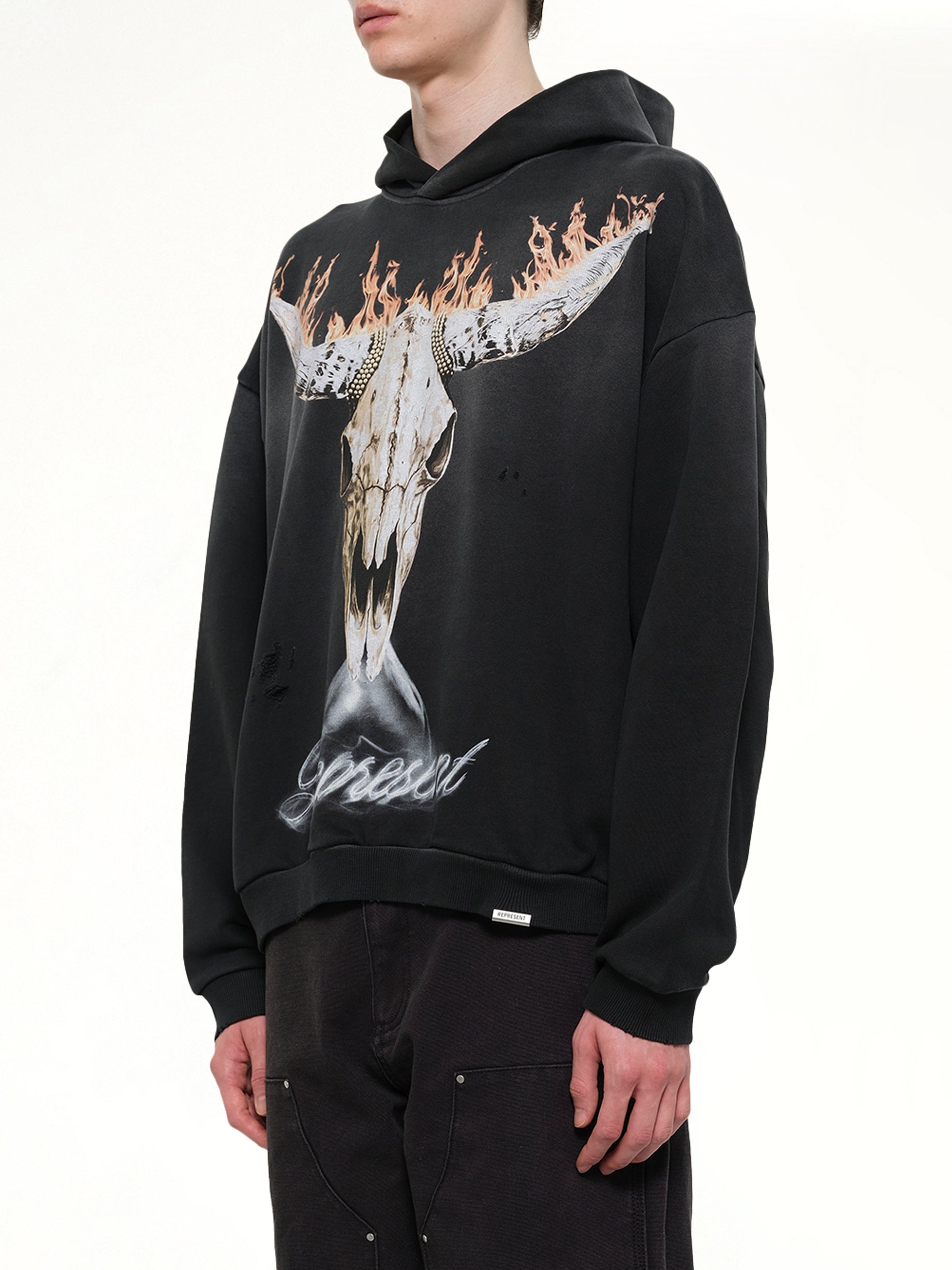 REPRESENT British Cowboys Hoodie in Stained Black Side View from MARAIS