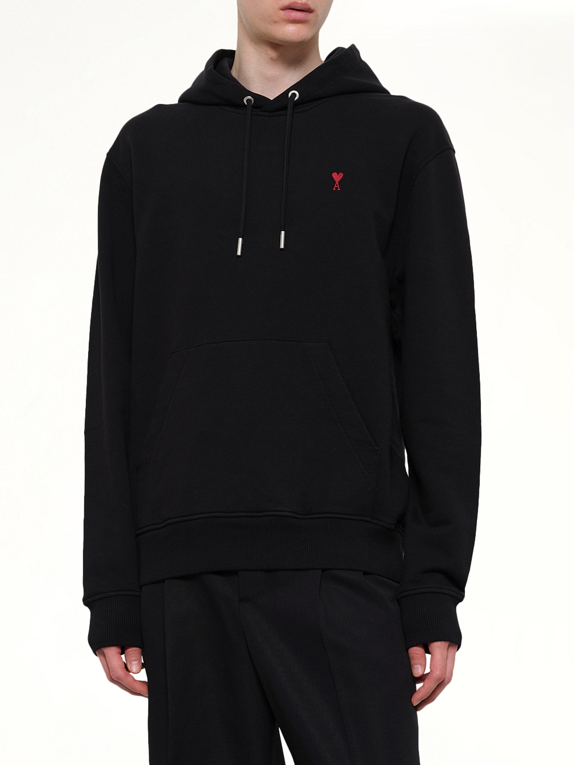 AMI PARIS Red Ami De Coeur Hoodie in Black Detail Shot from MARAIS