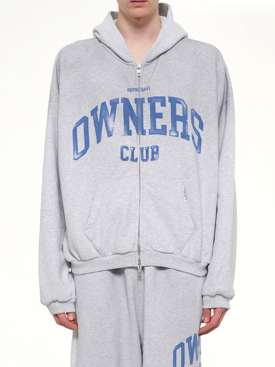 Represent Owners Club Zip Through Hoodie in Sprayed Ice Grey Marl