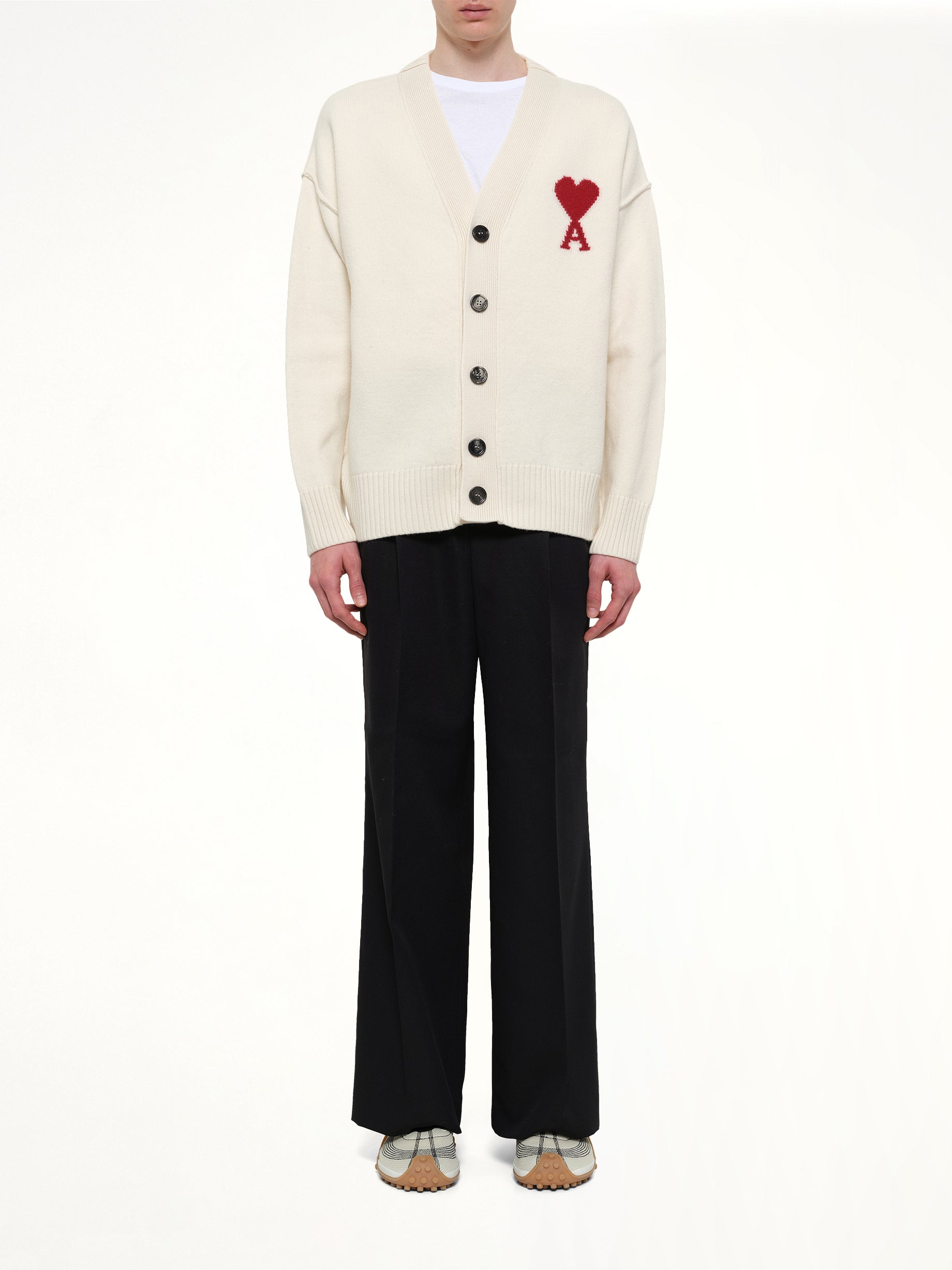 AMI PARIS Red Ami De Coeur Cardigan in White Model View from MARAIS