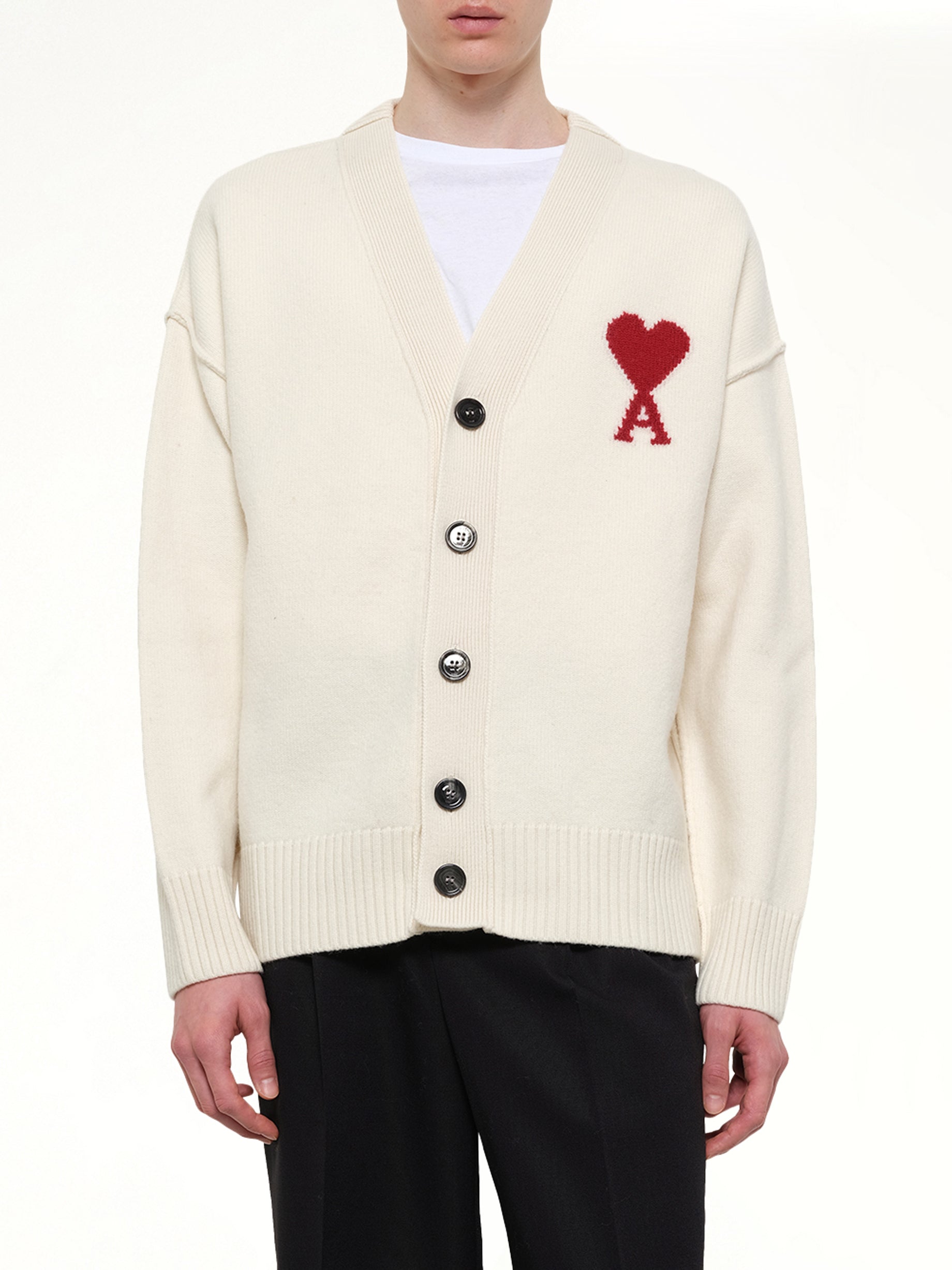 AMI PARIS Red Ami De Coeur Cardigan in White Detail Shot from MARAIS