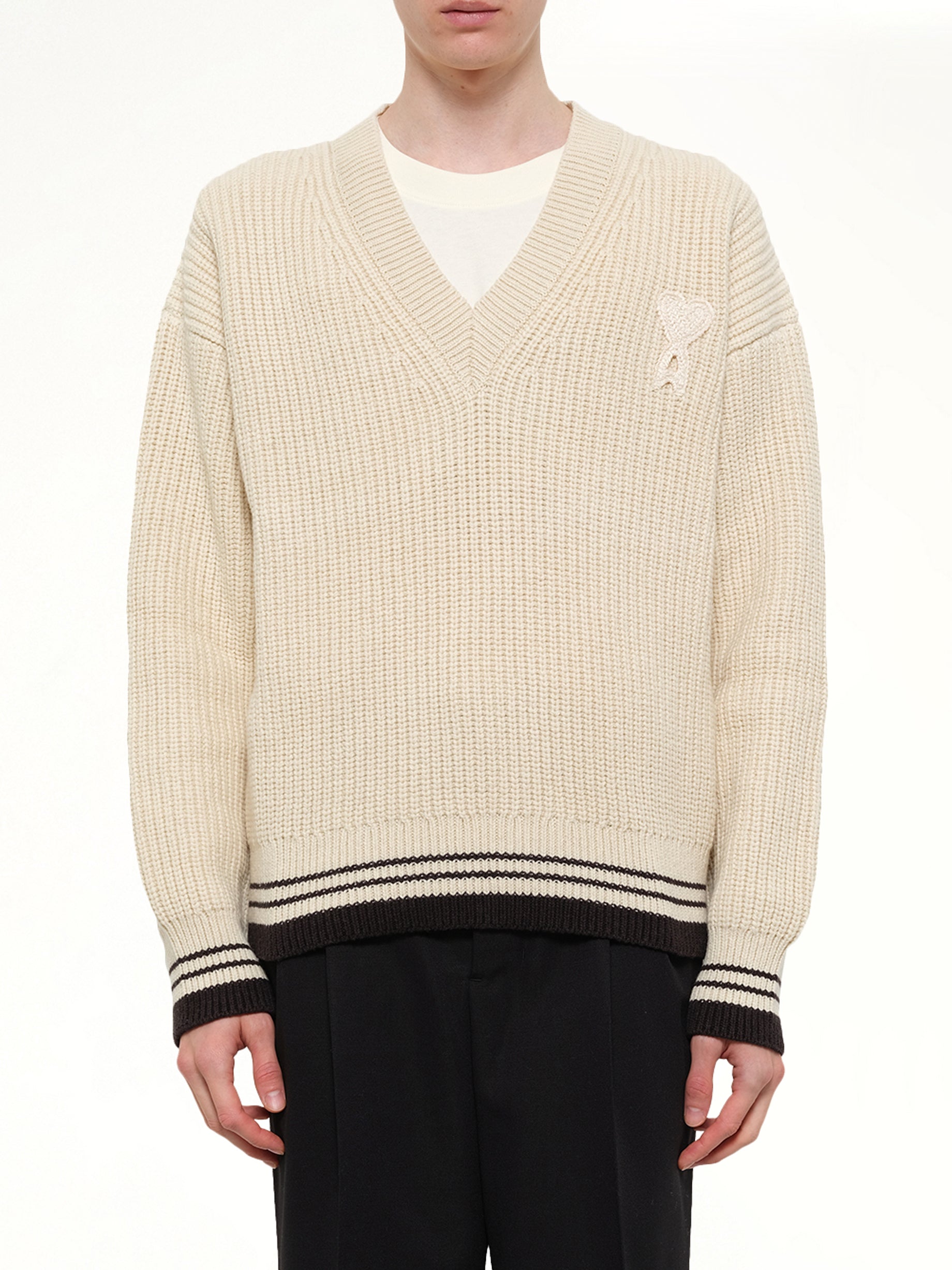 Ami De Coeur V Neck College Sweater in Off White