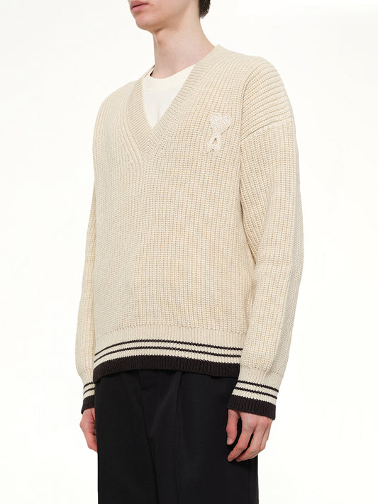 Ami De Coeur V Neck College Sweater in Off White