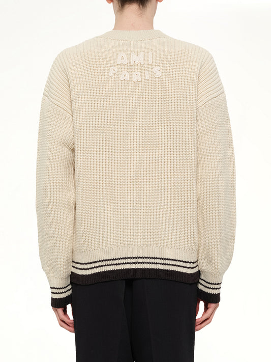 Ami De Coeur V Neck College Sweater in Off White